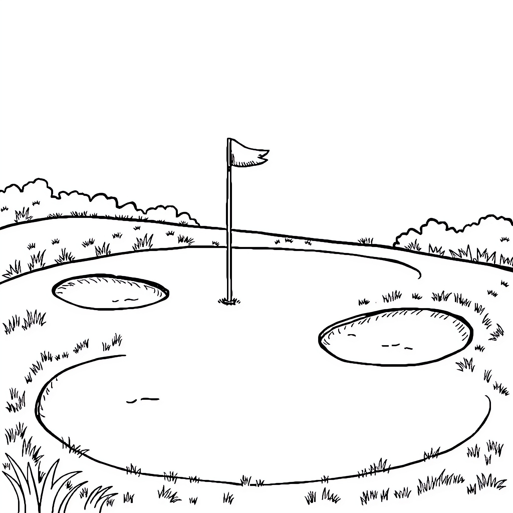 Golf Hole with Scenic Landscape and Tee Flags Coloring Page (free black-and-white line drawing printable PDF for all, from beginners to advanced learners, including children, teens, adults, and seniors)