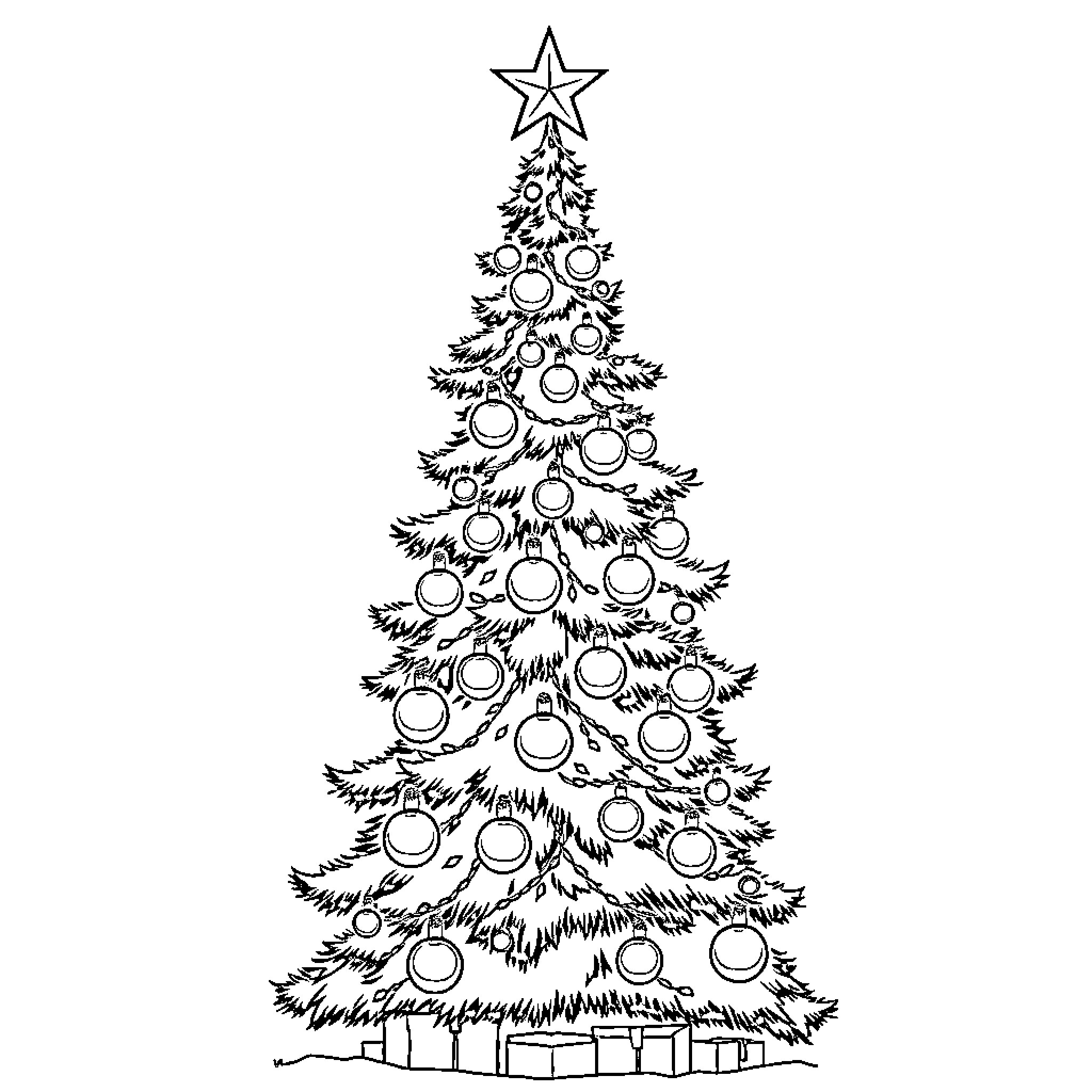 Christmas Tree with Ornaments and Star Topper Coloring Page (free black-and-white line drawing printable PDF for all, from beginners to advanced learners, including children, teens, adults, and seniors)