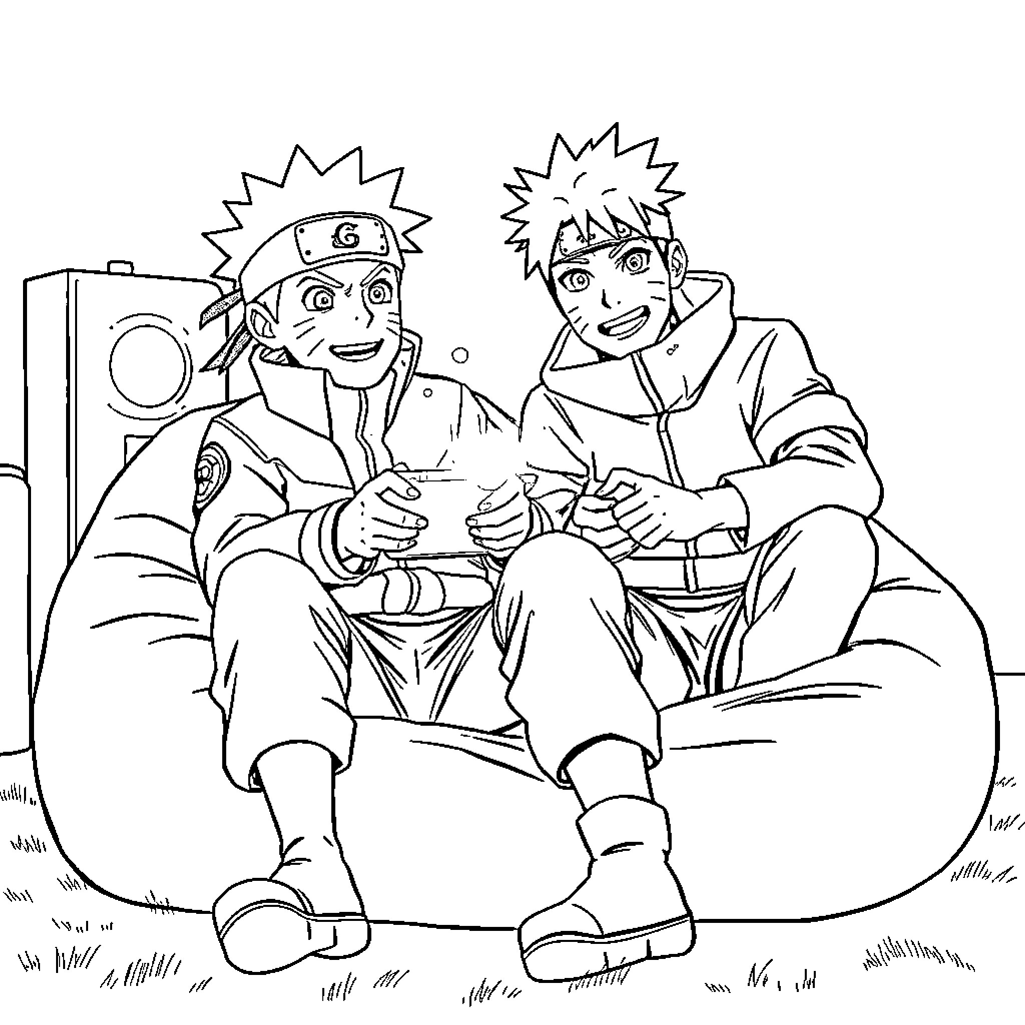 Naruto characters enjoying a gaming session Coloring Page (free black-and-white line drawing printable PDF for all, from beginners to advanced learners, including children, teens, adults, and seniors)