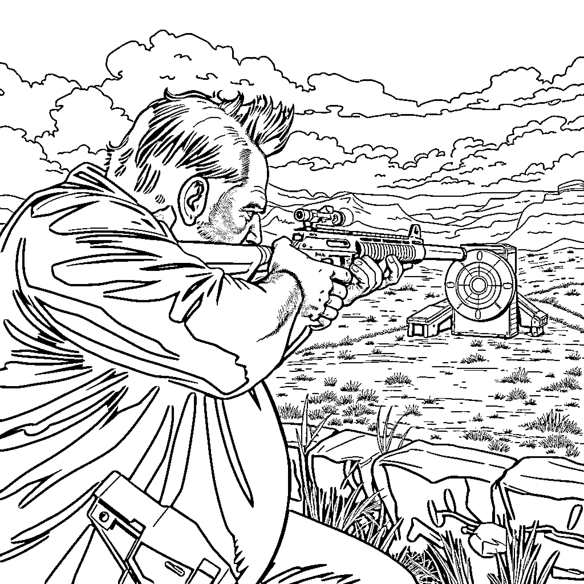 Man aiming rifle in the desert landscape Coloring Page (free black-and-white line drawing printable PDF for all, from beginners to advanced learners, including children, teens, adults, and seniors)