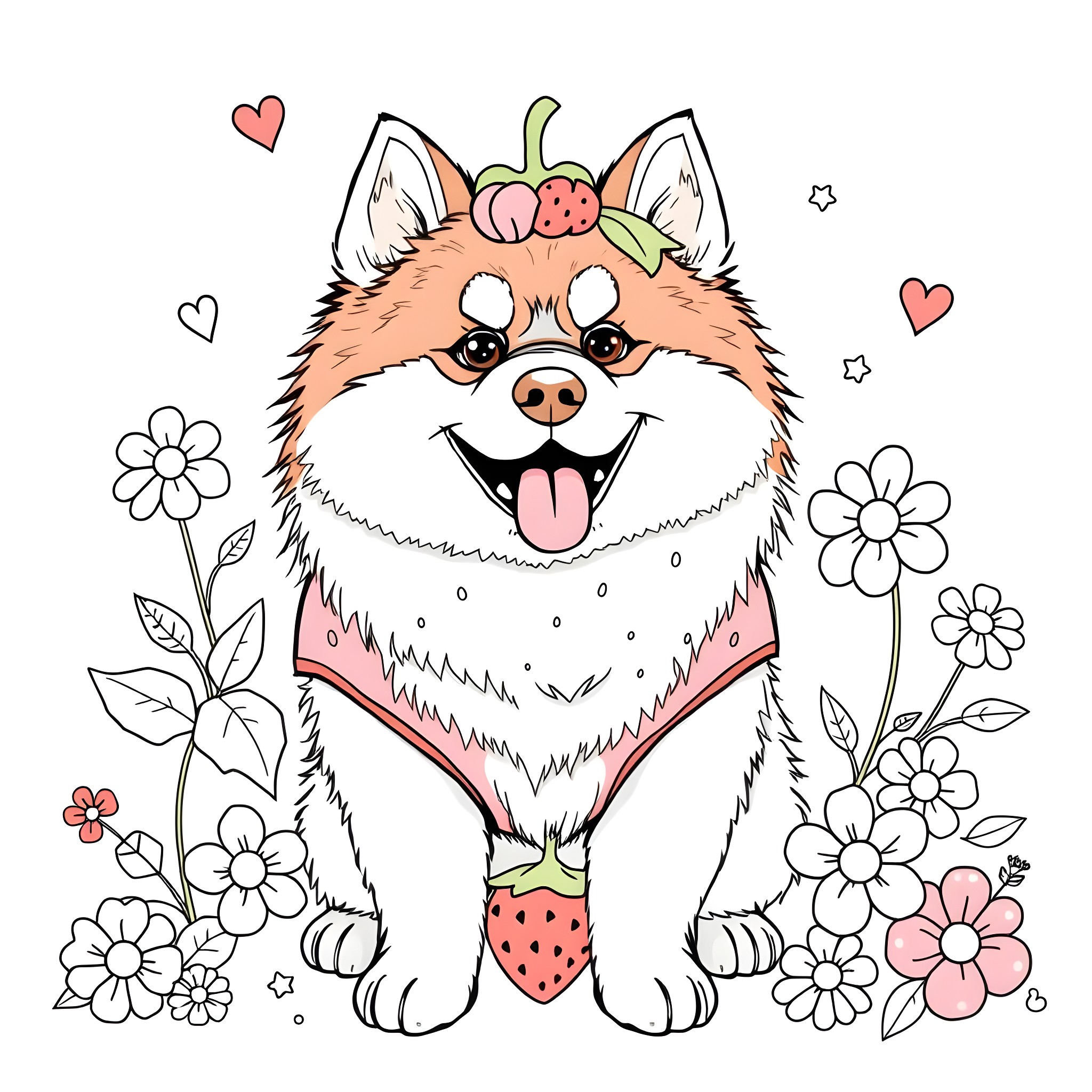 Dog with strawberry hat playing among flowers Coloring Page (free black-and-white line drawing printable PDF for all, from beginners to advanced learners, including children, teens, adults, and seniors)