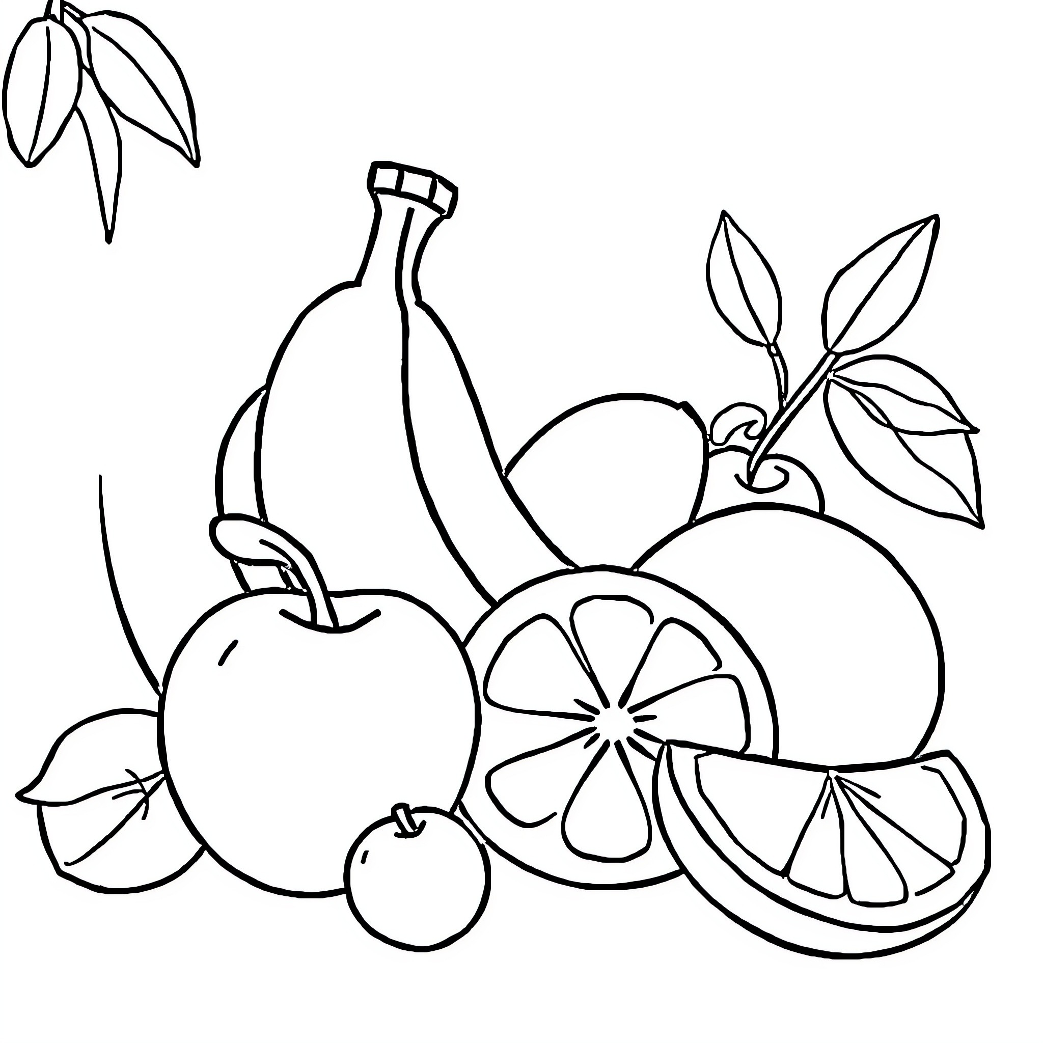 Fruit assortment with varied shapes and textures Coloring Page (free black-and-white line drawing printable PDF for all, from beginners to advanced learners, including children, teens, adults, and seniors)