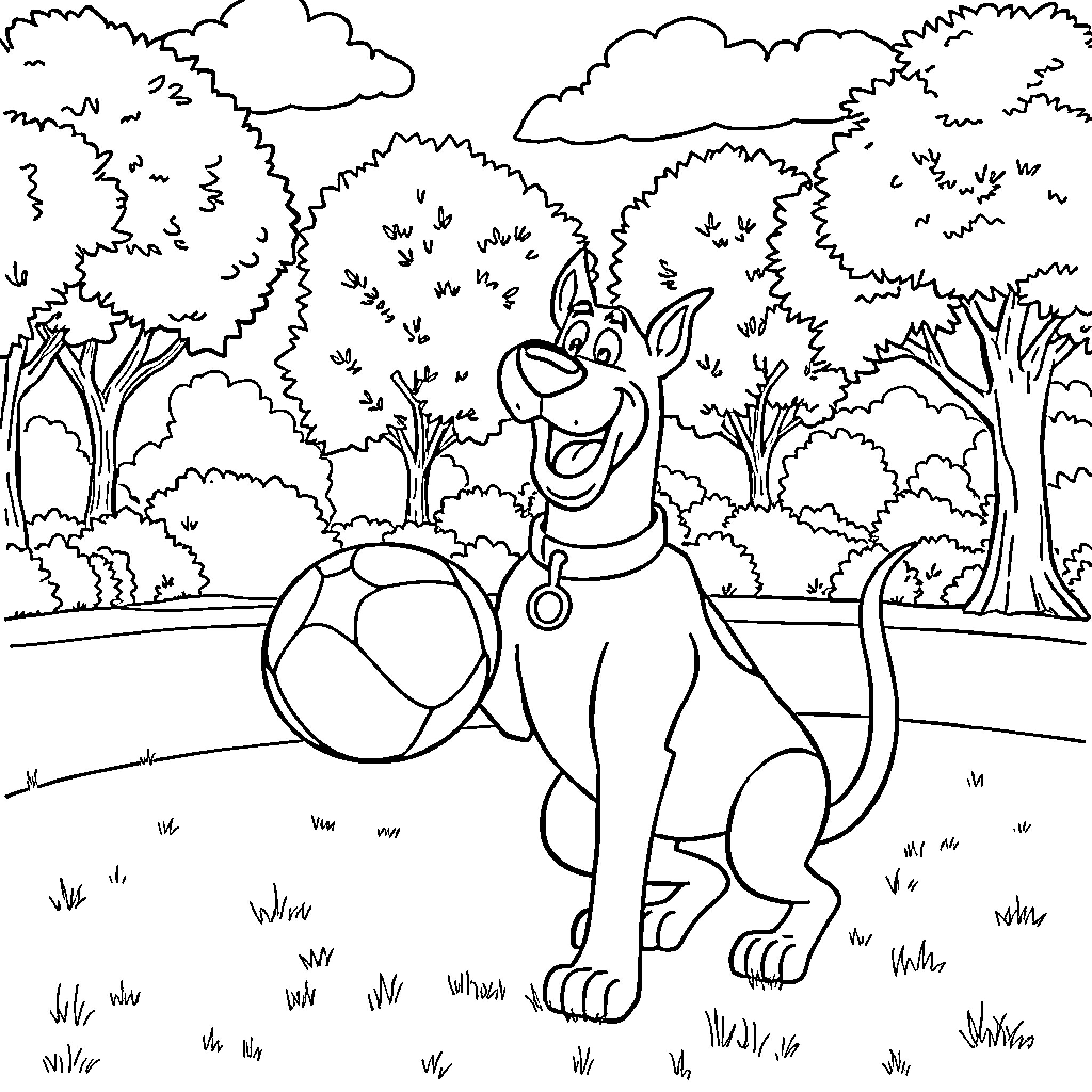 Scooby Doo playing with a soccer ball in the forest Coloring Page (free black-and-white line drawing printable PDF for all, from beginners to advanced learners, including children, teens, adults, and seniors)