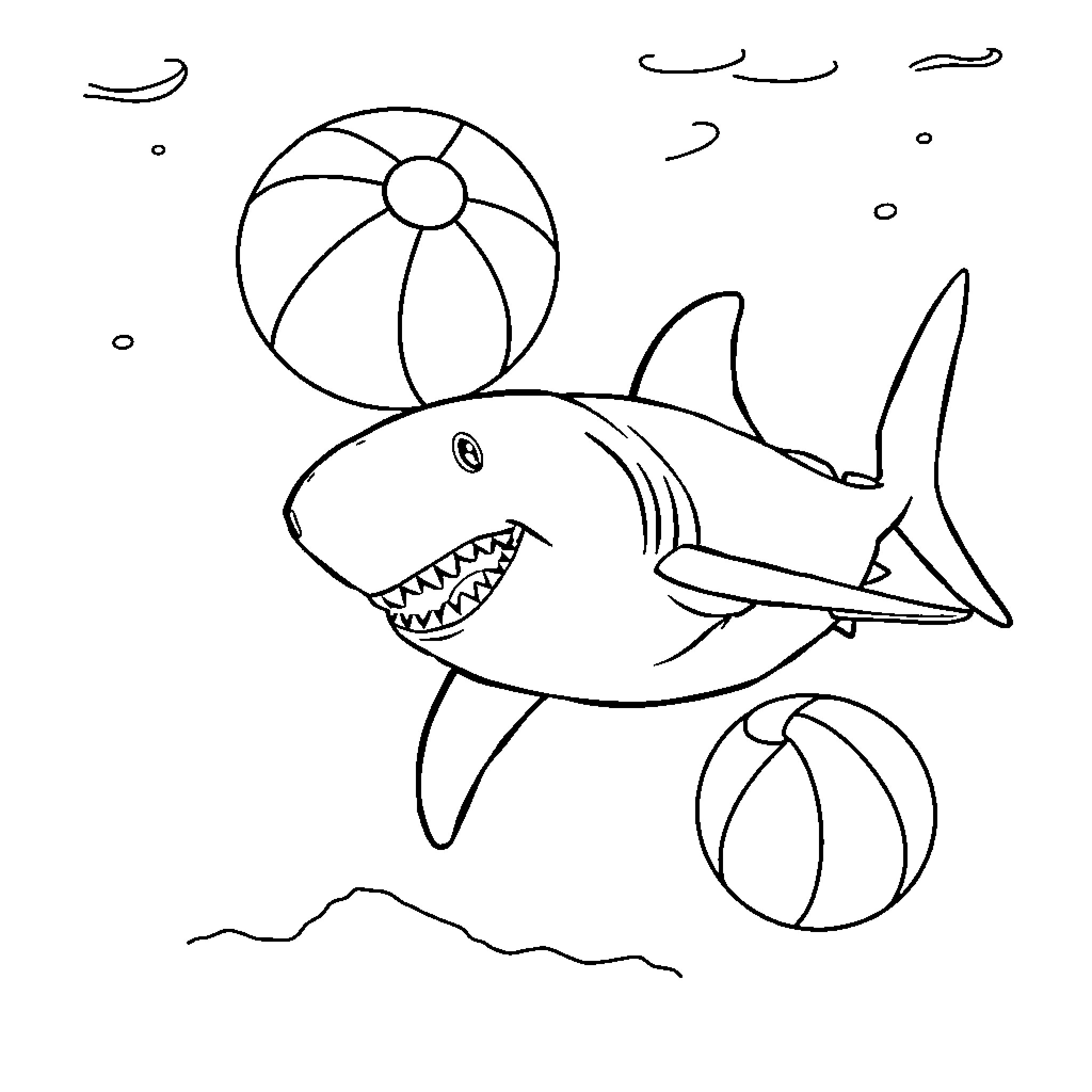 Shark playing with beach ball in the ocean Coloring Page (free black-and-white line drawing printable PDF for all, from beginners to advanced learners, including children, teens, adults, and seniors)
