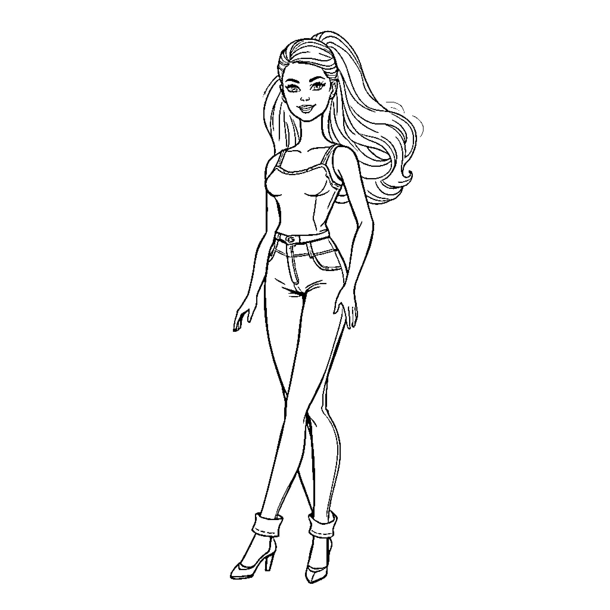 Barbie in casual attire striking a confident pose Coloring Page (free black-and-white line drawing printable PDF for all, from beginners to advanced learners, including children, teens, adults, and seniors)