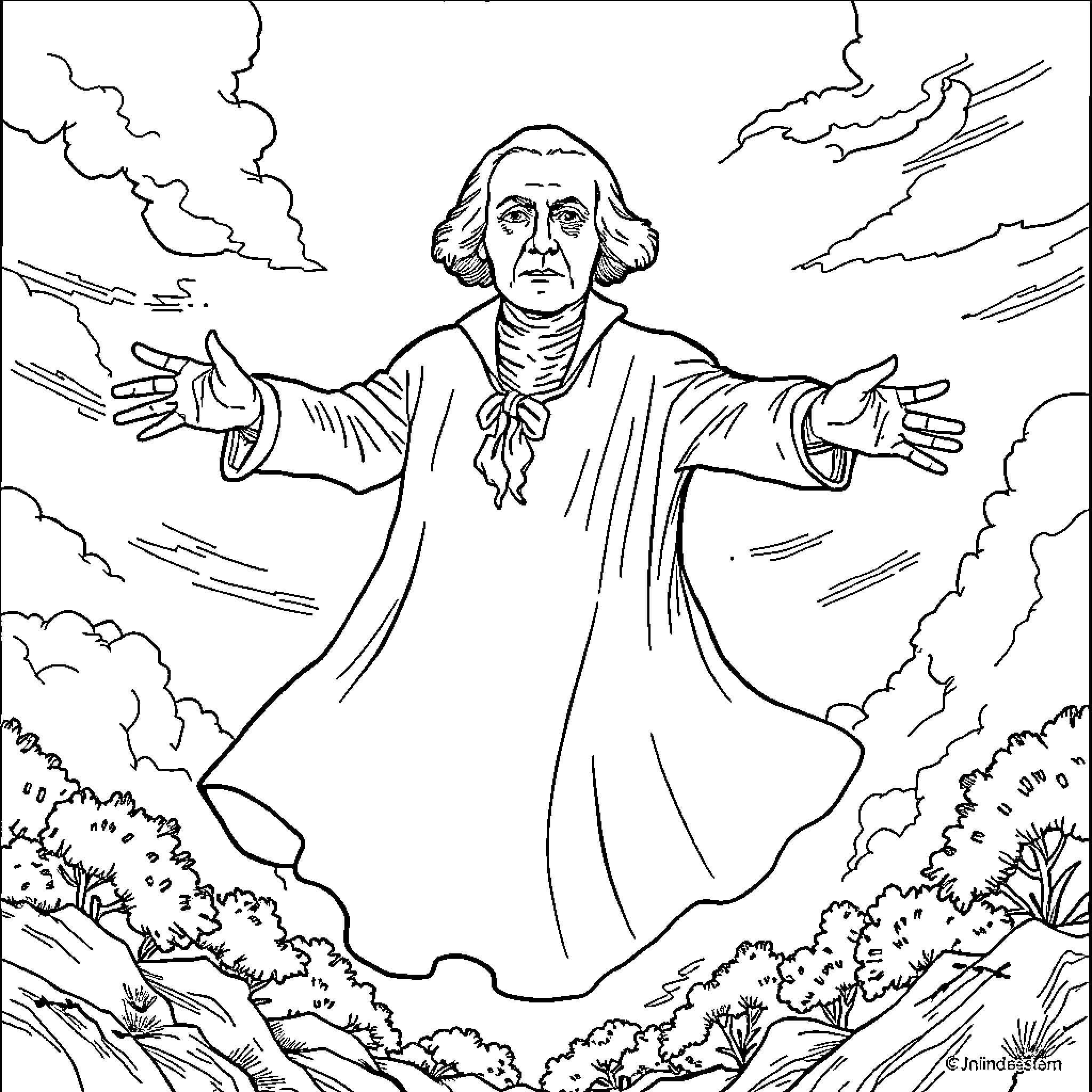 George Washington in a Dramatic Pose amid Stormy Clouds Coloring Page (free black-and-white line drawing printable PDF for all, from beginners to advanced learners, including children, teens, adults, and seniors)