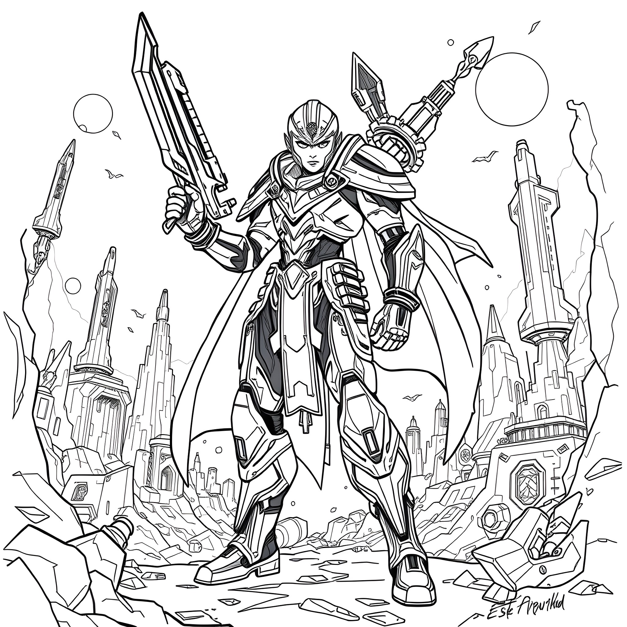 EVE: Futuristic warrior stands amidst destroyed cityscape Coloring Page (free black-and-white line drawing printable PDF for all, from beginners to advanced learners, including children, teens, adults, and seniors)