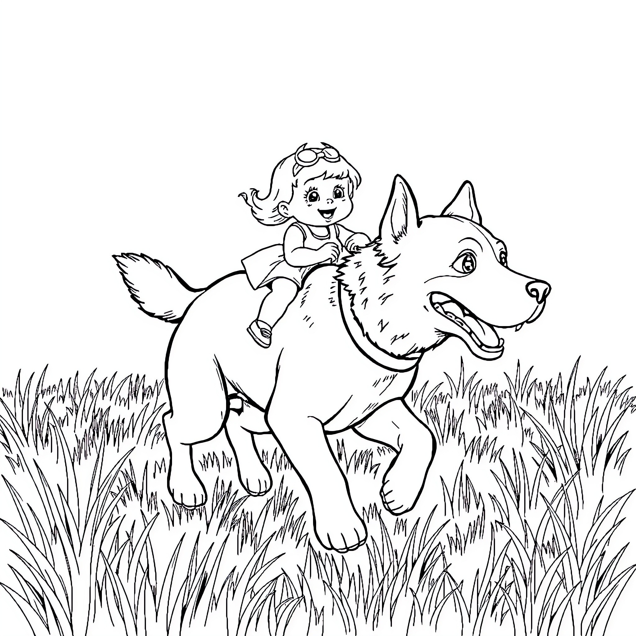 Doll riding happily on a dog in the grass Coloring Page (free black-and-white line drawing printable PDF for all, from beginners to advanced learners, including children, teens, adults, and seniors)