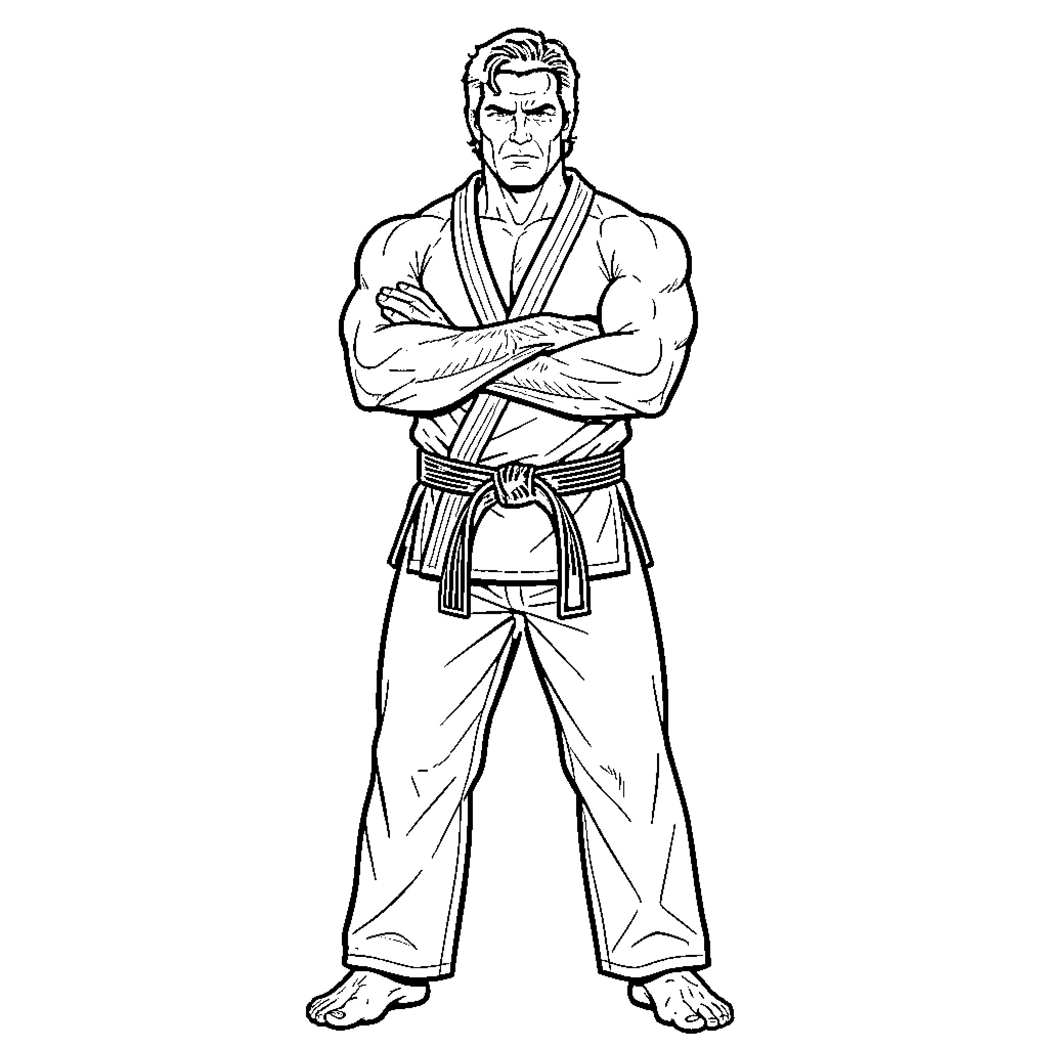 Chuck Norris Martial Arts Mastery in Uniform Coloring Page (free black-and-white line drawing printable PDF for all, from beginners to advanced learners, including children, teens, adults, and seniors)