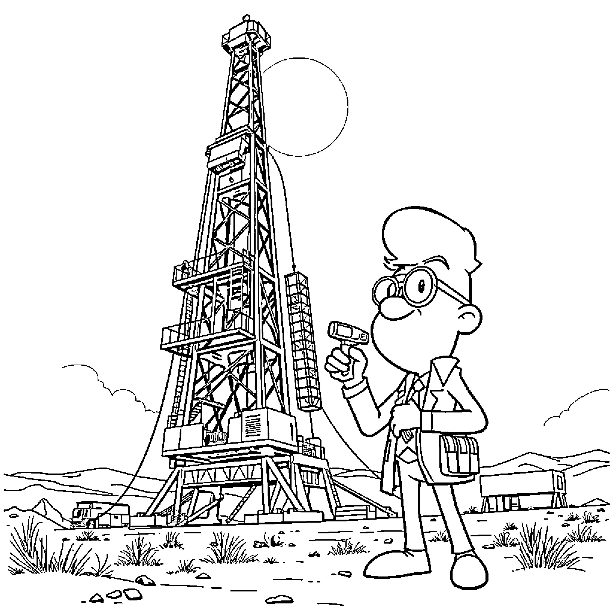 Inspector Gadget admiring a tall tower in the landscape Coloring Page (free black-and-white line drawing printable PDF for all, from beginners to advanced learners, including children, teens, adults, and seniors)