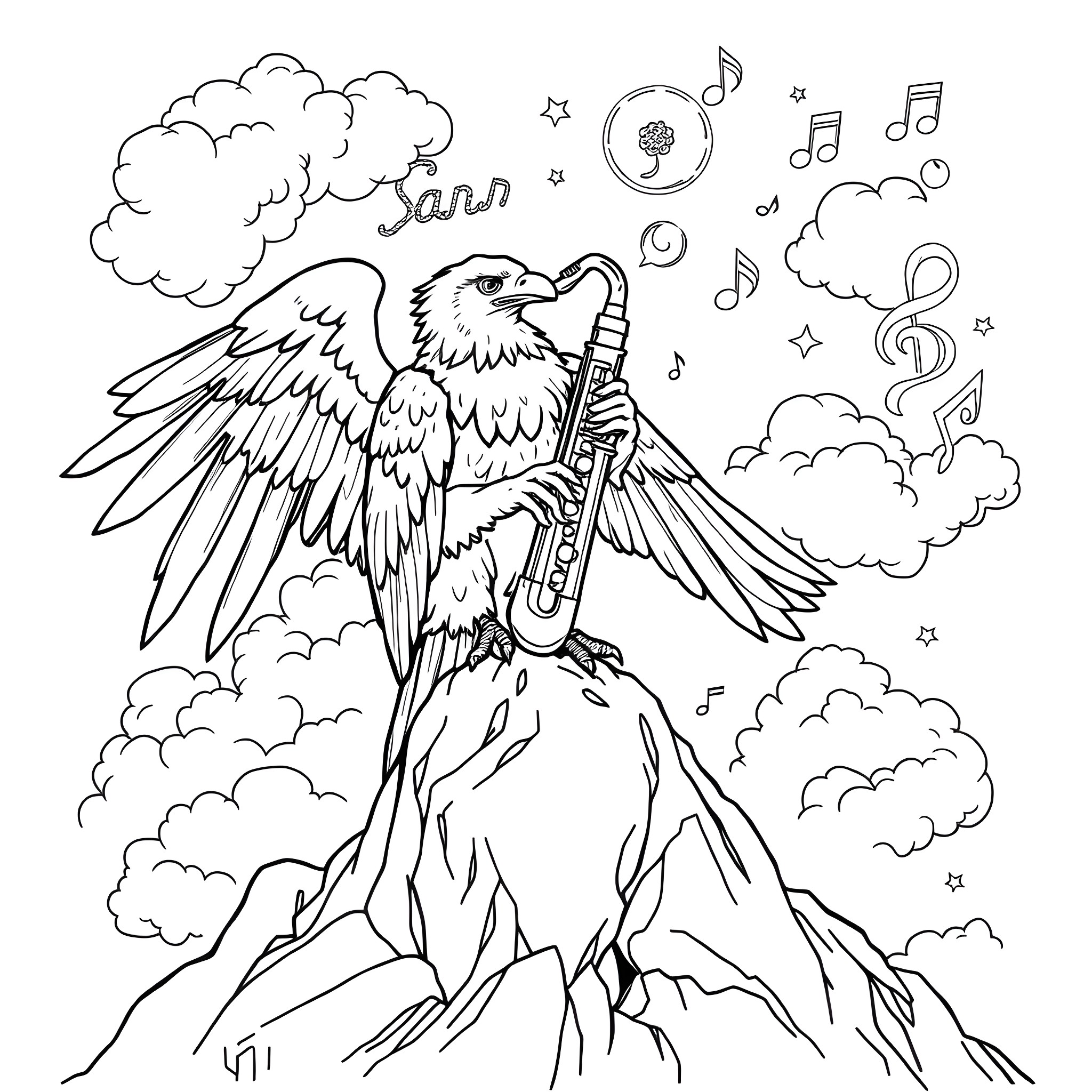 Eagle playing saxophone amidst clouds and musical notes Coloring Page (free black-and-white line drawing printable PDF for all, from beginners to advanced learners, including children, teens, adults, and seniors)