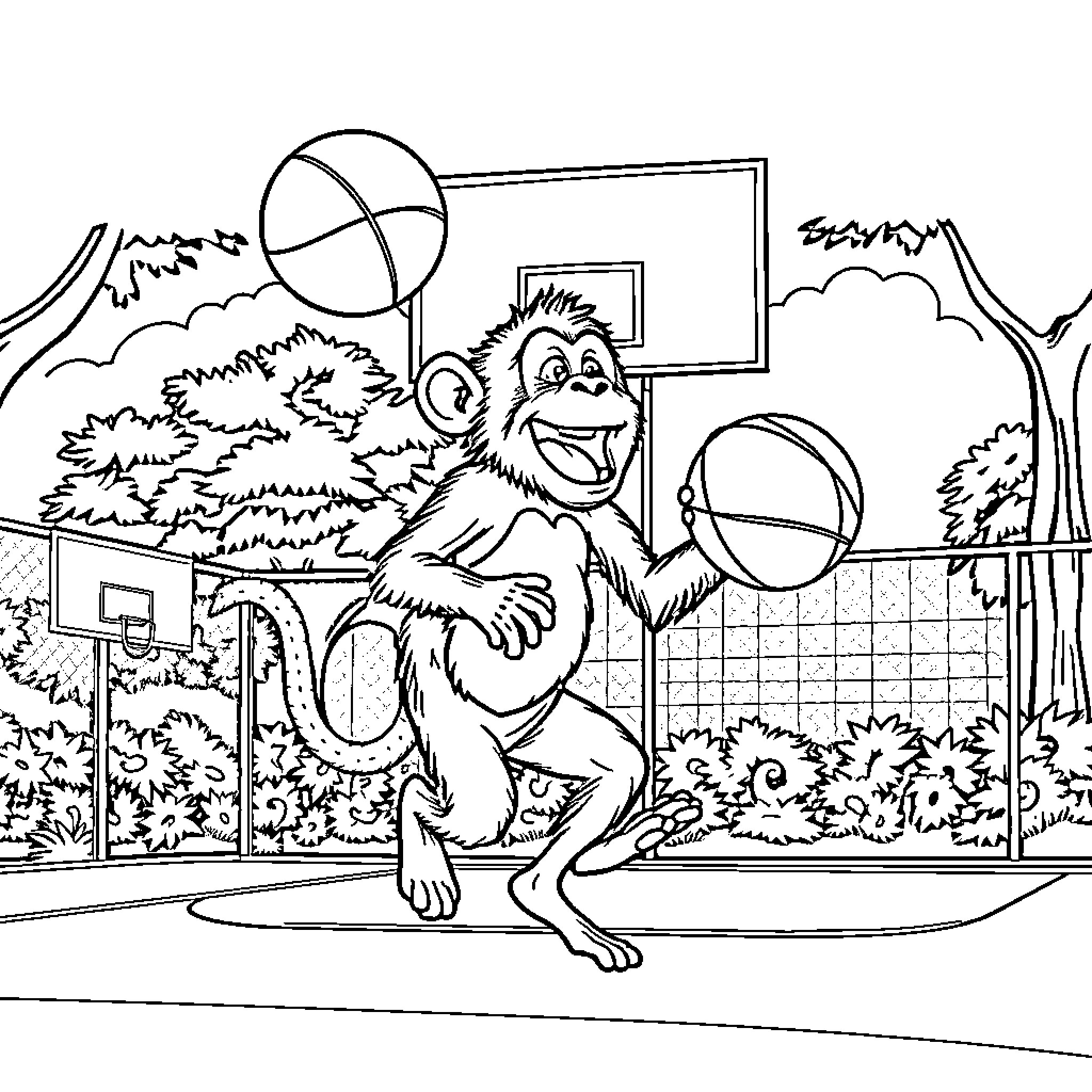 Monkey playing basketball in the park Coloring Page (free black-and-white line drawing printable PDF for all, from beginners to advanced learners, including children, teens, adults, and seniors)