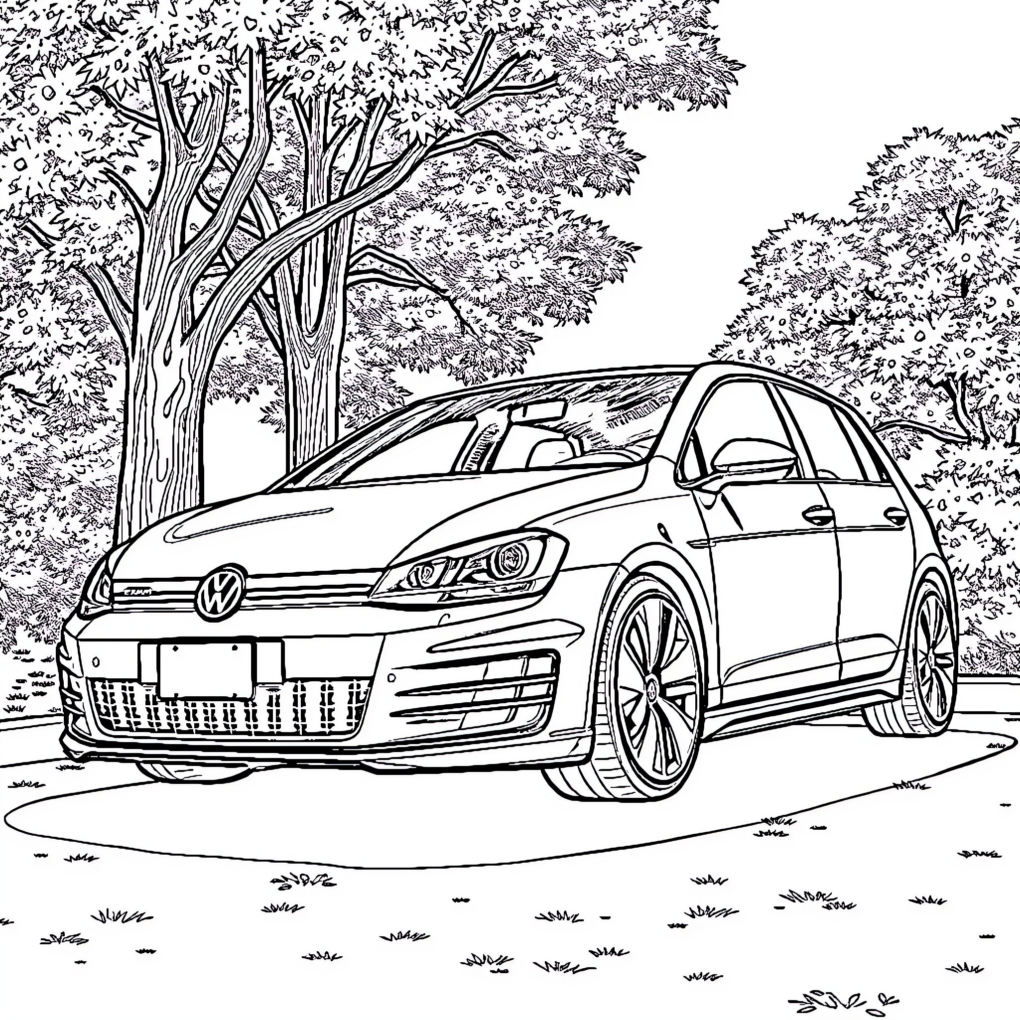 Golf car parked in the forest Coloring Page (free black-and-white line drawing printable PDF for all, from beginners to advanced learners, including children, teens, adults, and seniors)