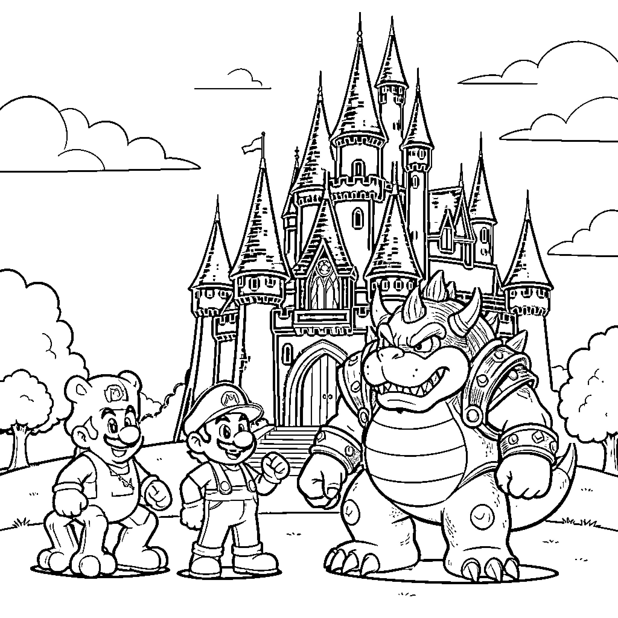 Bowser and friends explore the magical castle Coloring Page (free black-and-white line drawing printable PDF for all, from beginners to advanced learners, including children, teens, adults, and seniors)
