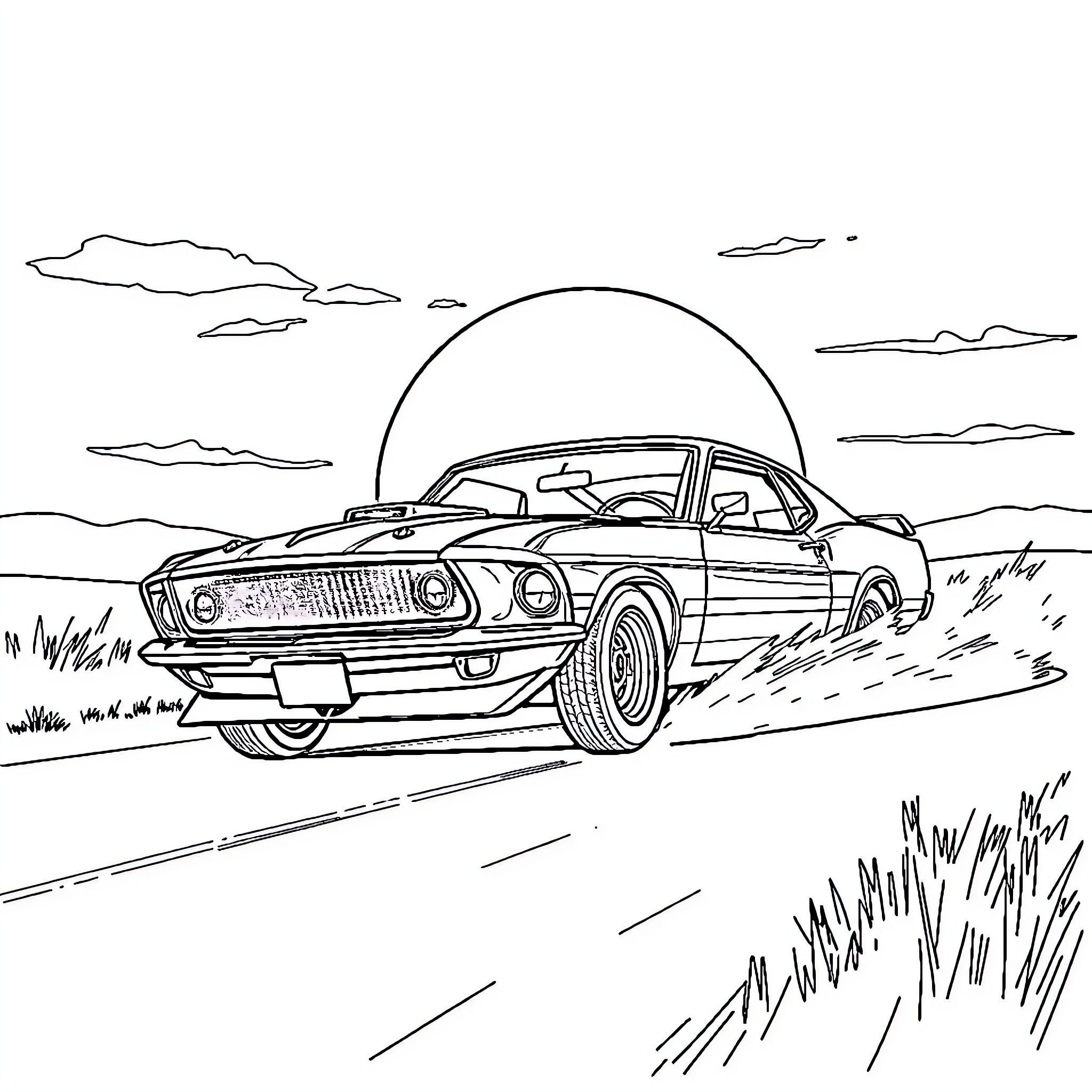Mustang speeding through open terrain Coloring Page (free black-and-white line drawing printable PDF for all, from beginners to advanced learners, including children, teens, adults, and seniors)