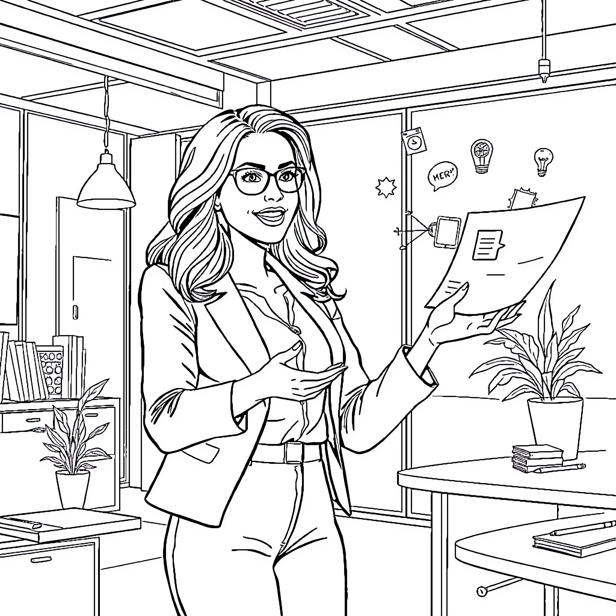 Woman smiling while holding a document in her office Coloring Page (free black-and-white line drawing printable PDF for all, from beginners to advanced learners, including children, teens, adults, and seniors)