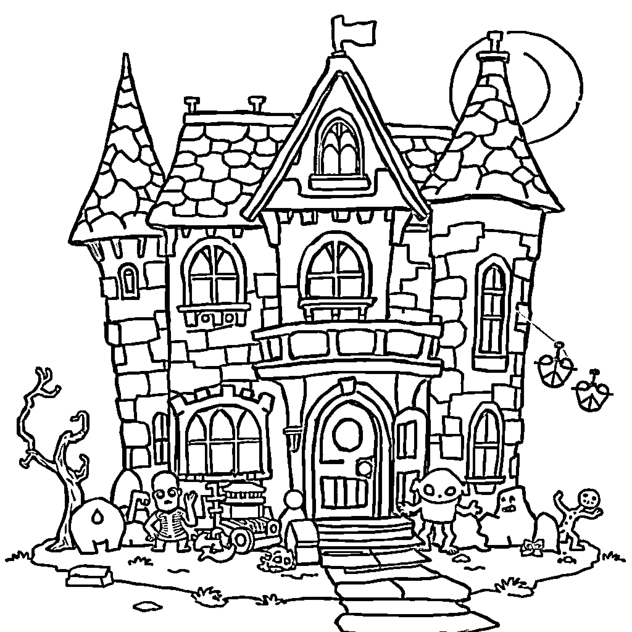 Dollhouse with whimsical architecture and inhabitants Coloring Page (free black-and-white line drawing printable PDF for all, from beginners to advanced learners, including children, teens, adults, and seniors)