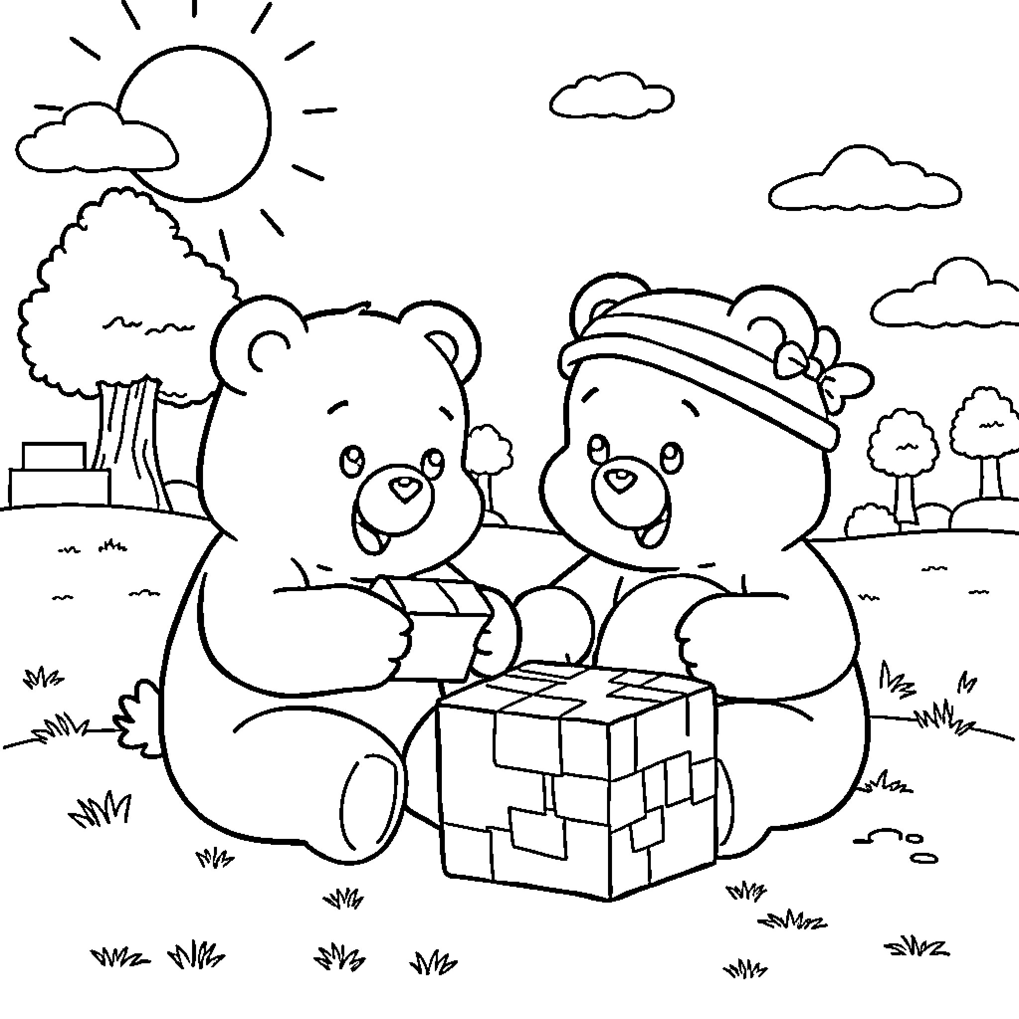 Carebear friends enjoying picnic in nature Coloring Page (free black-and-white line drawing printable PDF for all, from beginners to advanced learners, including children, teens, adults, and seniors)