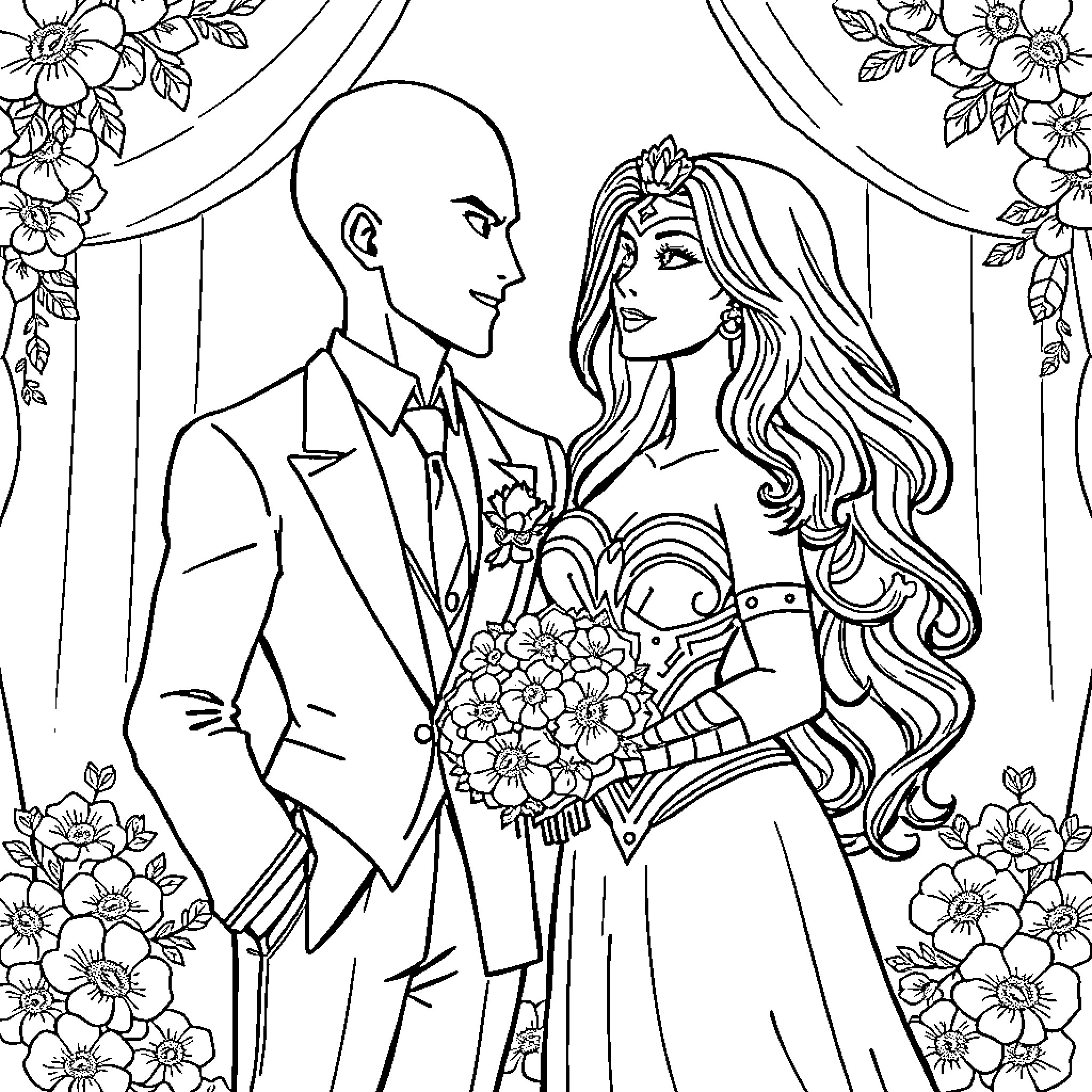 Saitama's Wedding Day Bliss Coloring Page (free black-and-white line drawing printable PDF for all, from beginners to advanced learners, including children, teens, adults, and seniors)