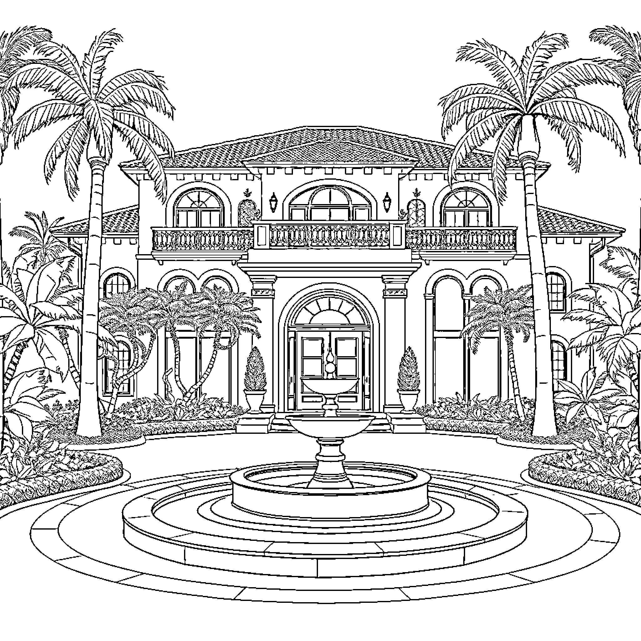 Mansion with Elaborate Architecture and Lush Tropical Landscape Coloring Page (free black-and-white line drawing printable PDF for all, from beginners to advanced learners, including children, teens, adults, and seniors)
