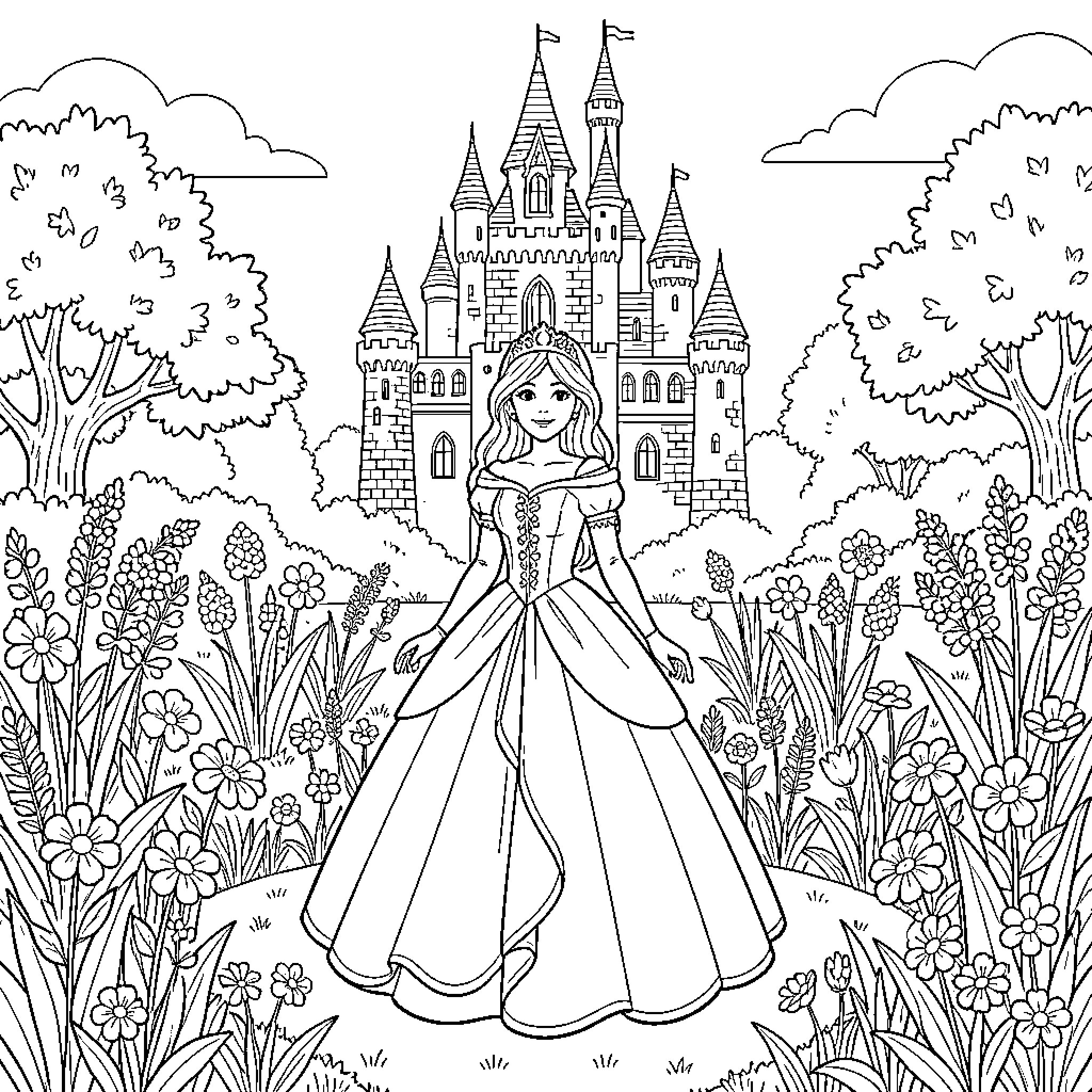 Princess standing elegantly in front of a castle garden Coloring Page (free black-and-white line drawing printable PDF for all, from beginners to advanced learners, including children, teens, adults, and seniors)
