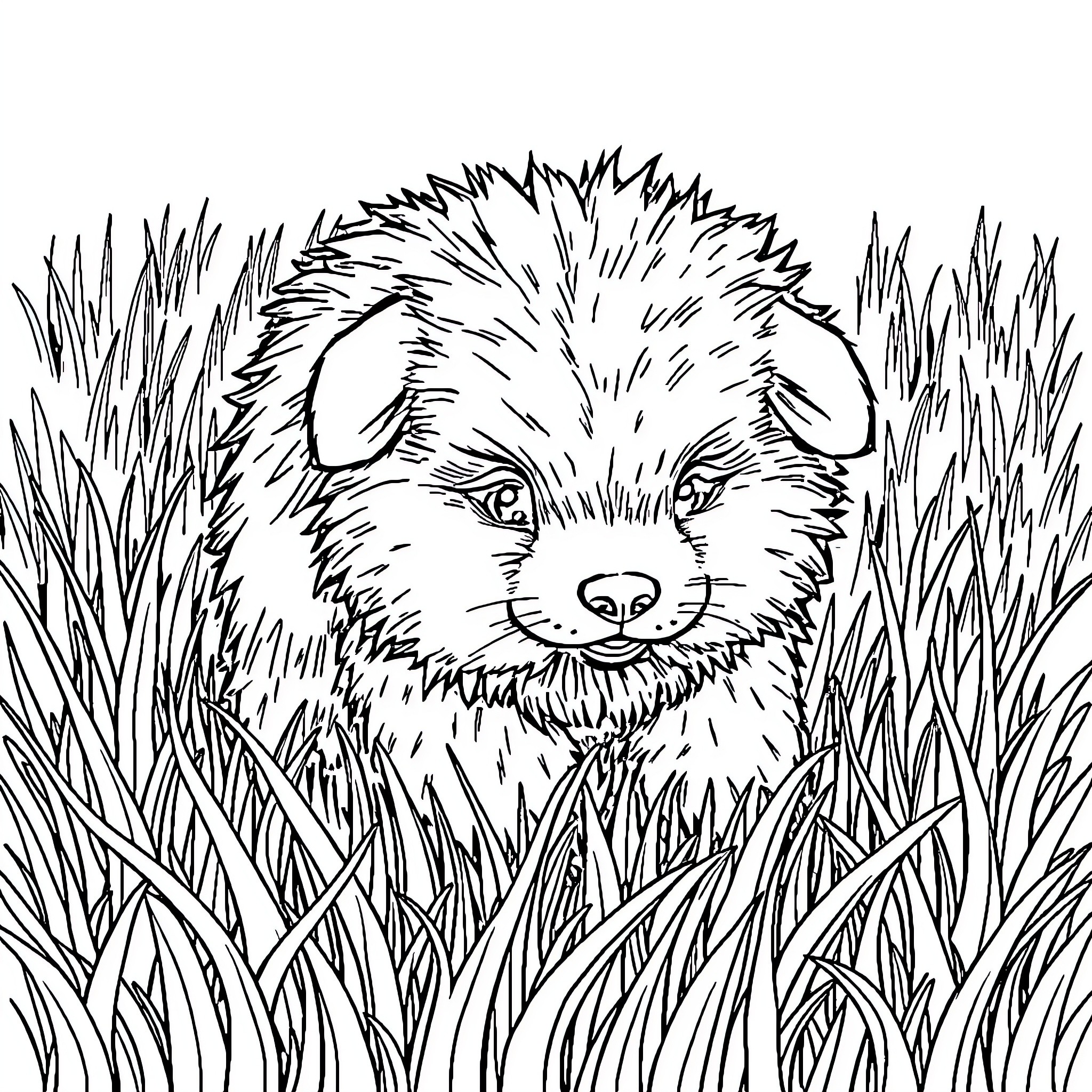 Animal peering through the tall grass Coloring Page (free black-and-white line drawing printable PDF for all, from beginners to advanced learners, including children, teens, adults, and seniors)