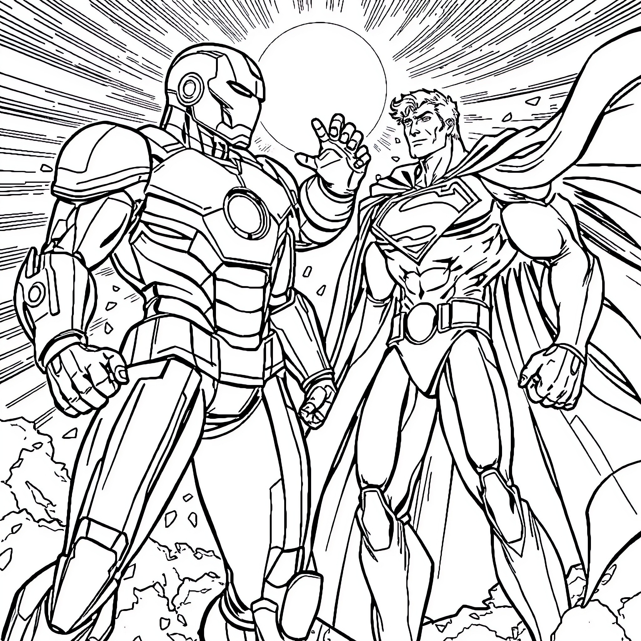 Iron Heroes Clash in Dramatic Battle Scene Coloring Page (free black-and-white line drawing printable PDF for all, from beginners to advanced learners, including children, teens, adults, and seniors)