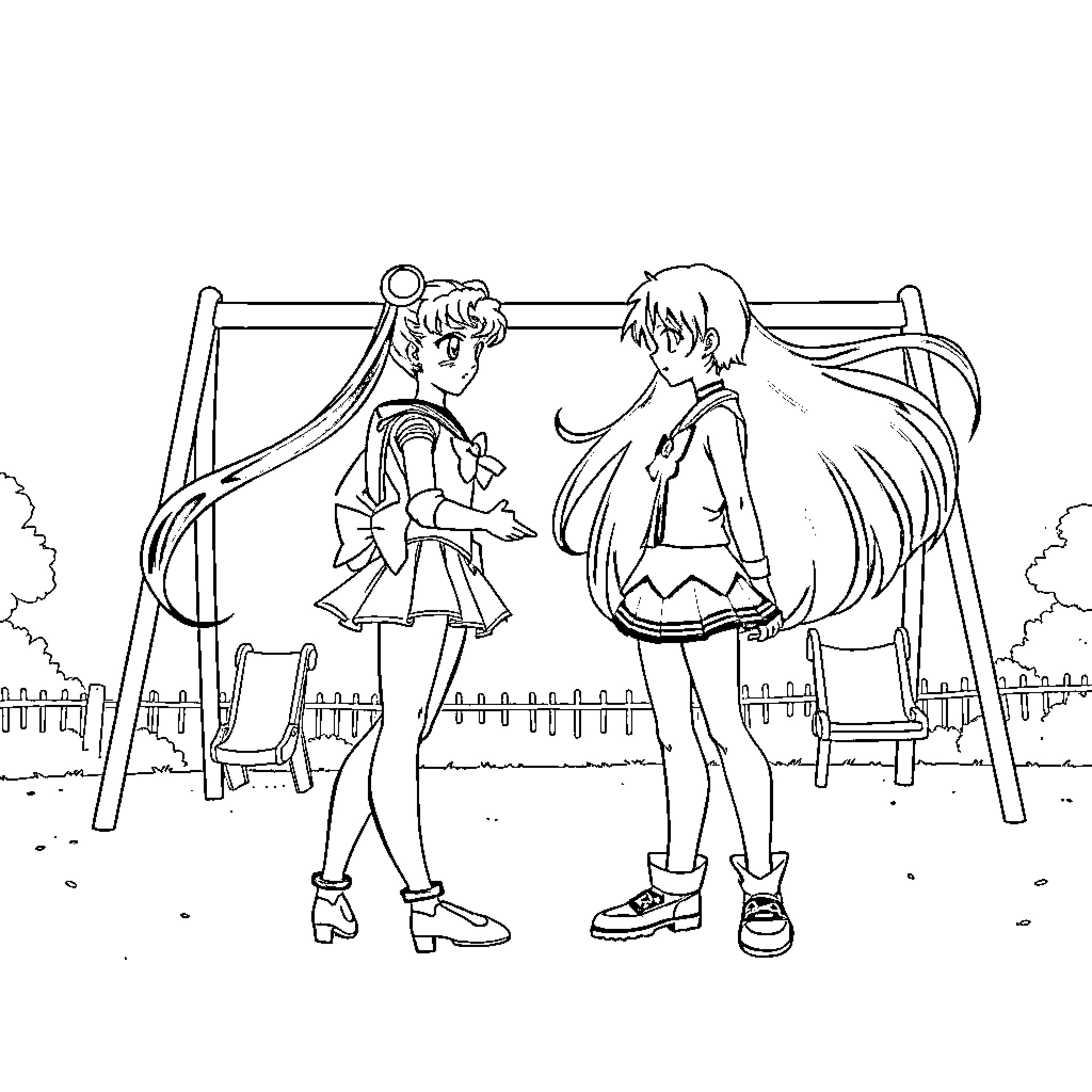 Sailor Moon Characters Conversing in Outdoor Setting Coloring Page (free black-and-white line drawing printable PDF for all, from beginners to advanced learners, including children, teens, adults, and seniors)
