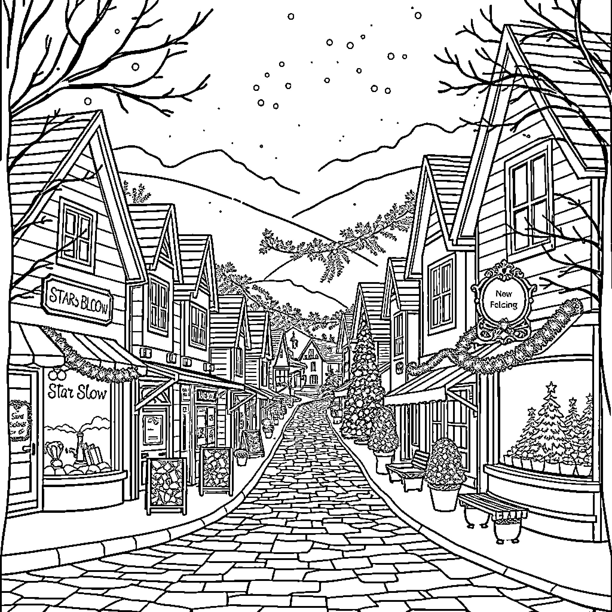 Star Snowy Village Scenery in Winter Coloring Page (free black-and-white line drawing printable PDF for all, from beginners to advanced learners, including children, teens, adults, and seniors)