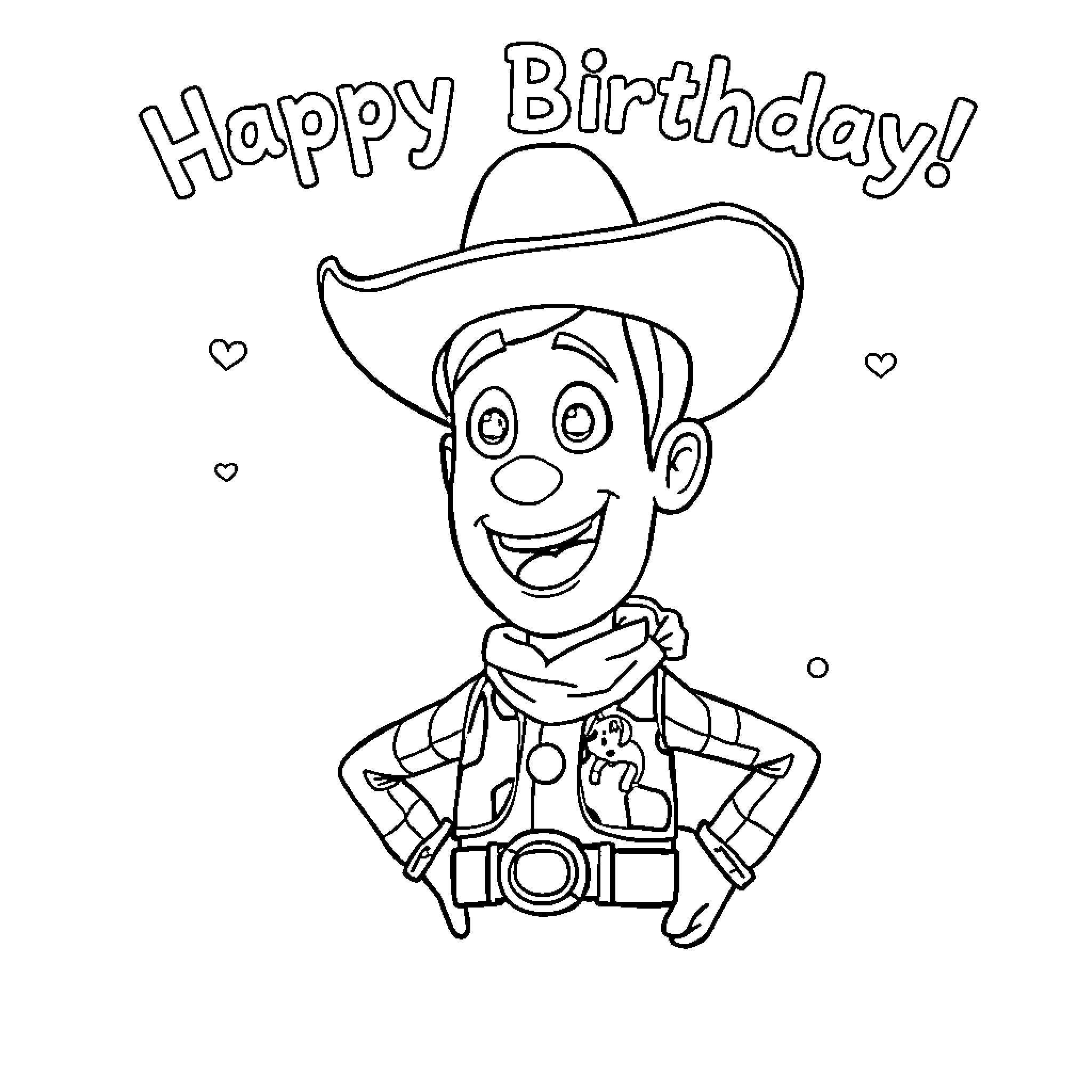 Woody's Happy Birthday Celebration Coloring Page (free black-and-white line drawing printable PDF for all, from beginners to advanced learners, including children, teens, adults, and seniors)