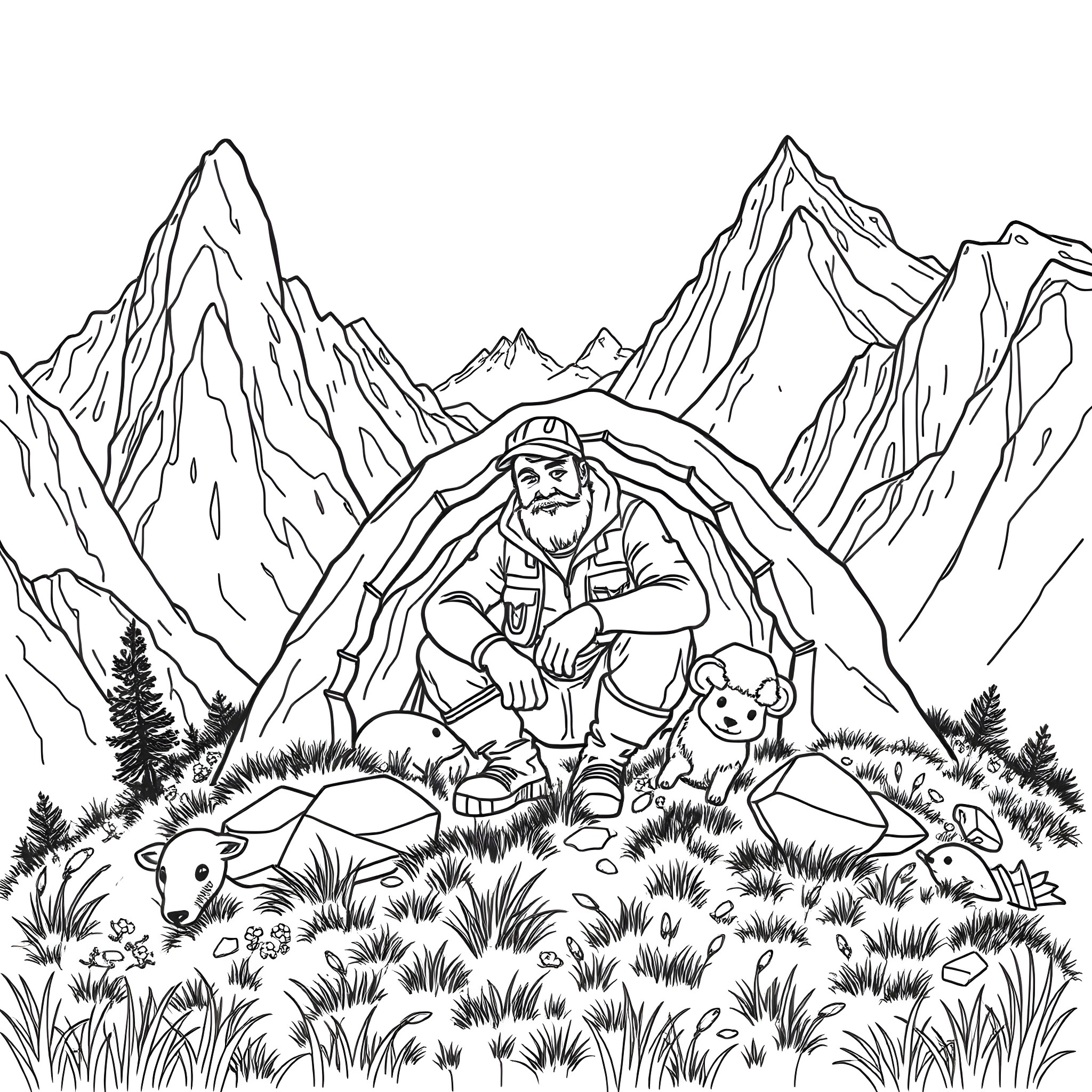 Man camping in the serene mountain landscape Coloring Page (free black-and-white line drawing printable PDF for all, from beginners to advanced learners, including children, teens, adults, and seniors)