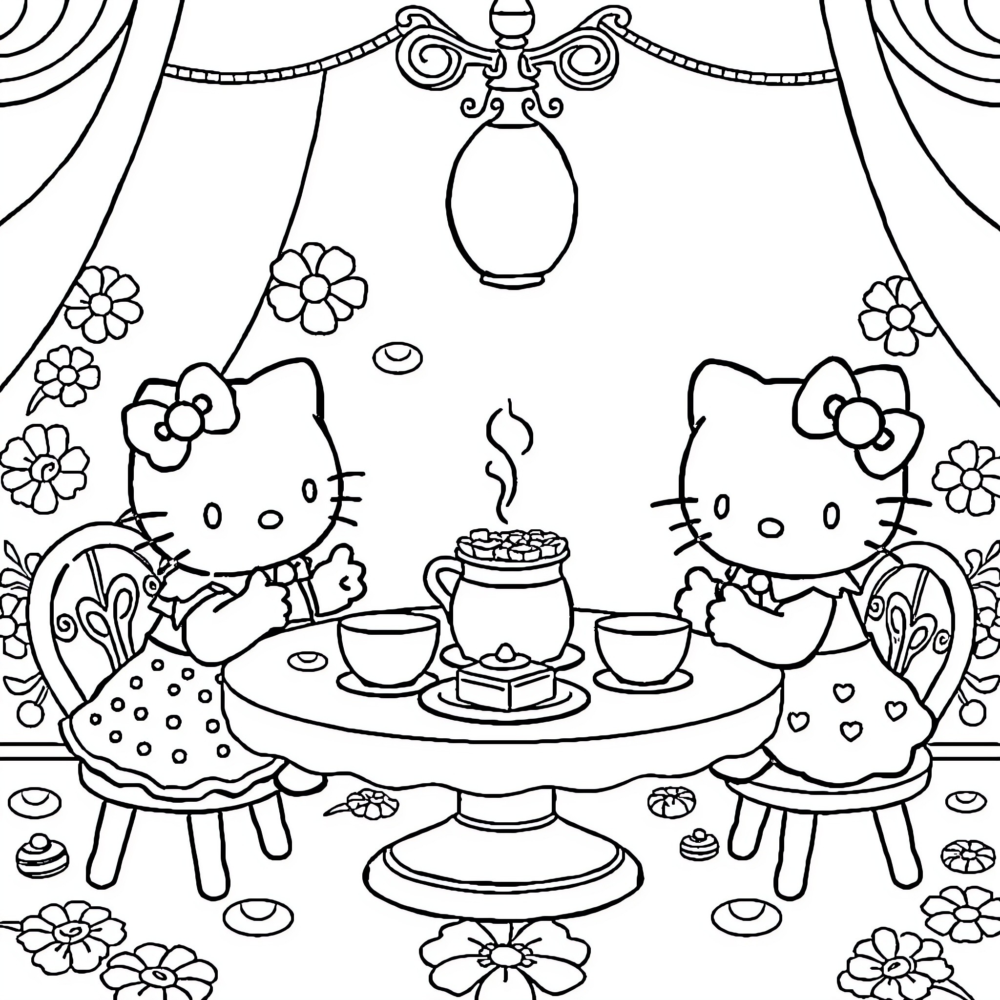 Hello Kitty enjoying a tea party with friends Coloring Page (free black-and-white line drawing printable PDF for all, from beginners to advanced learners, including children, teens, adults, and seniors)