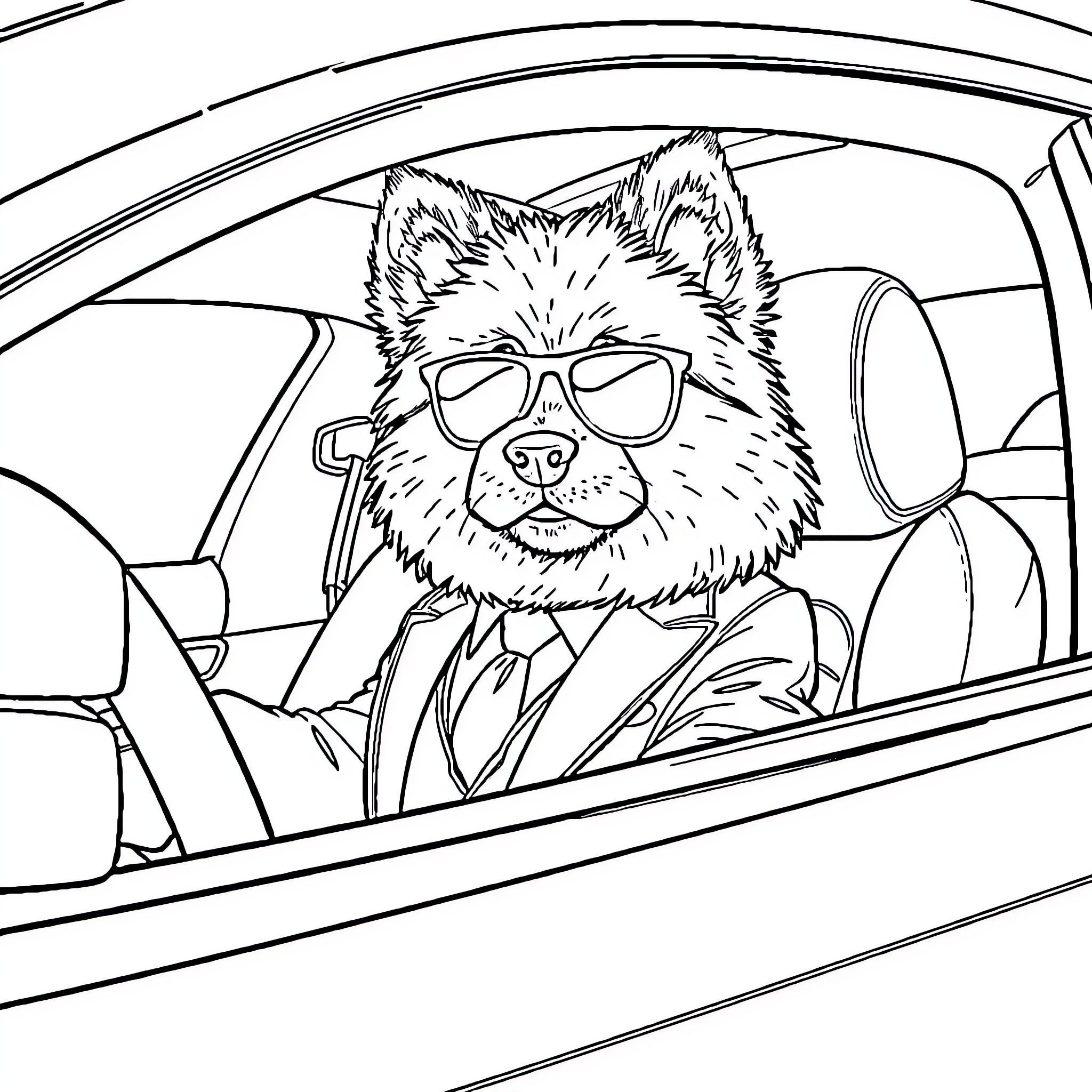 Dog driving car while wearing sunglasses Coloring Page (free black-and-white line drawing printable PDF for all, from beginners to advanced learners, including children, teens, adults, and seniors)