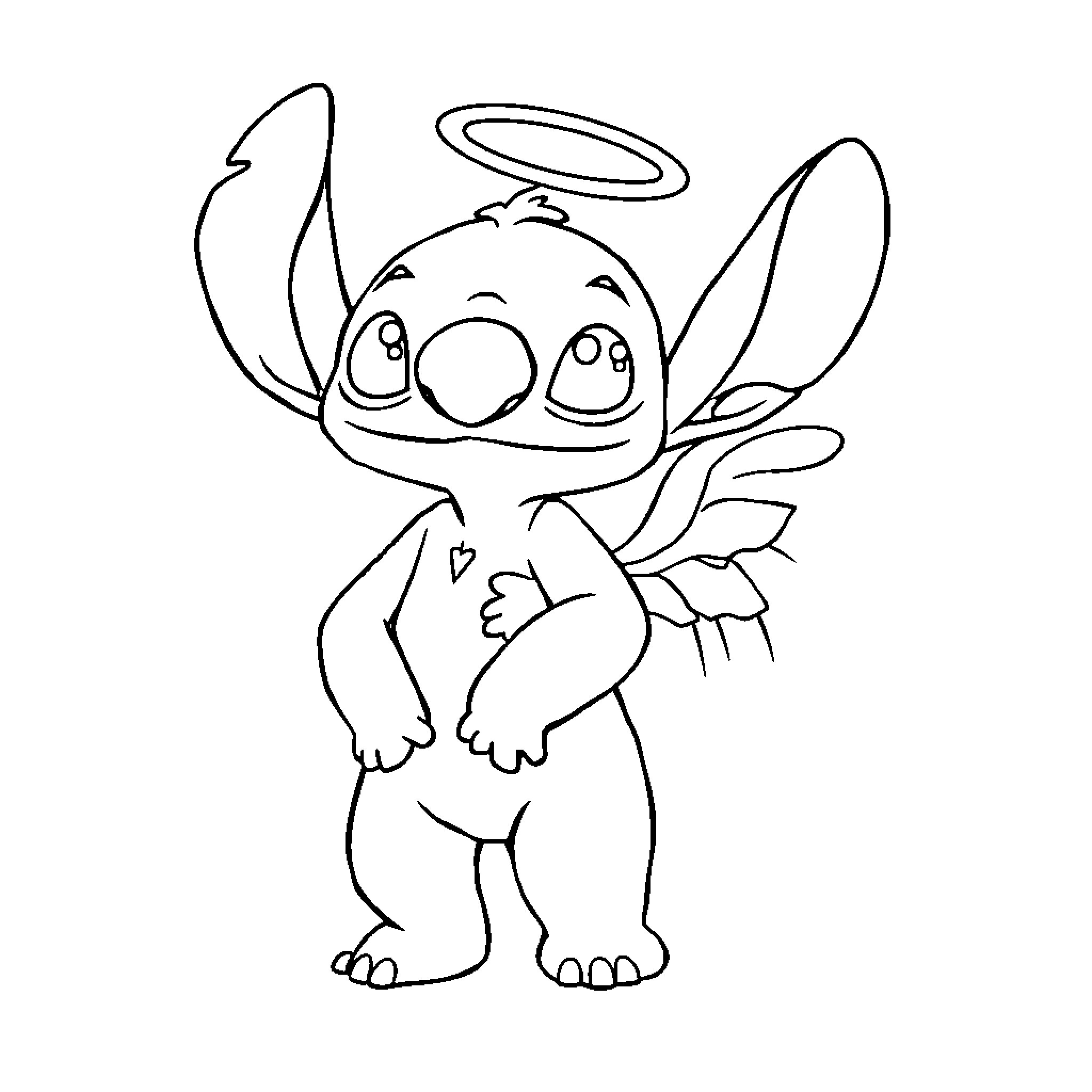 Angel Stitch's Charming Expression Coloring Page (free black-and-white line drawing printable PDF for all, from beginners to advanced learners, including children, teens, adults, and seniors)