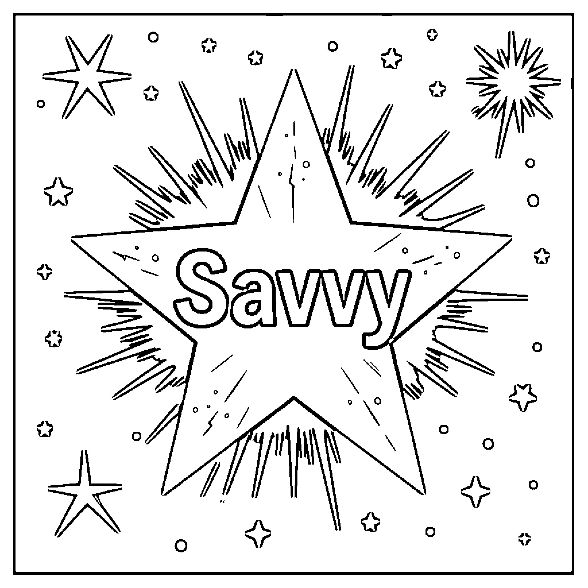 Star Burst with Sparkly Text Coloring Page (free black-and-white line drawing printable PDF for all, from beginners to advanced learners, including children, teens, adults, and seniors)