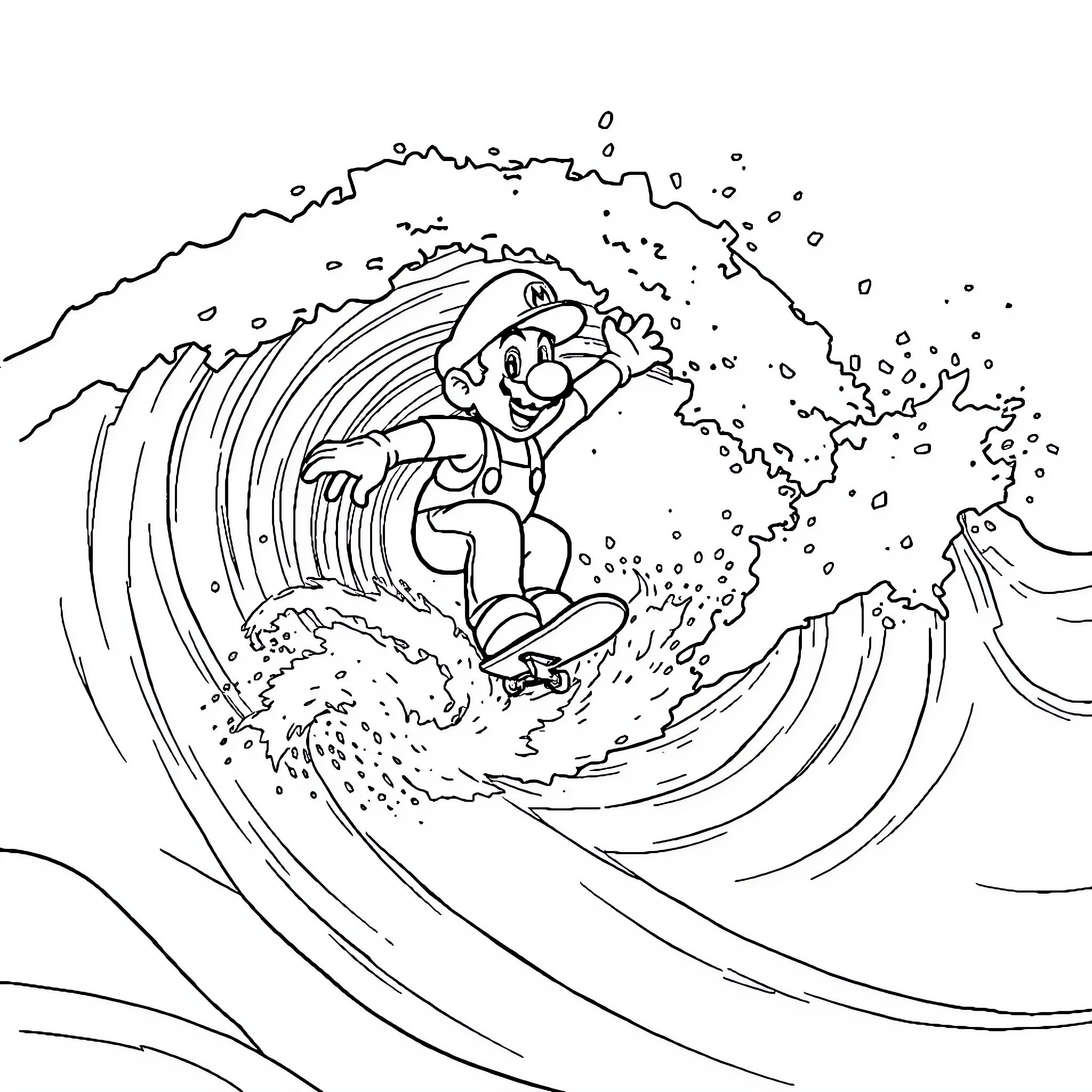 Mario surfing through a giant wave Coloring Page (free black-and-white line drawing printable PDF for all, from beginners to advanced learners, including children, teens, adults, and seniors)