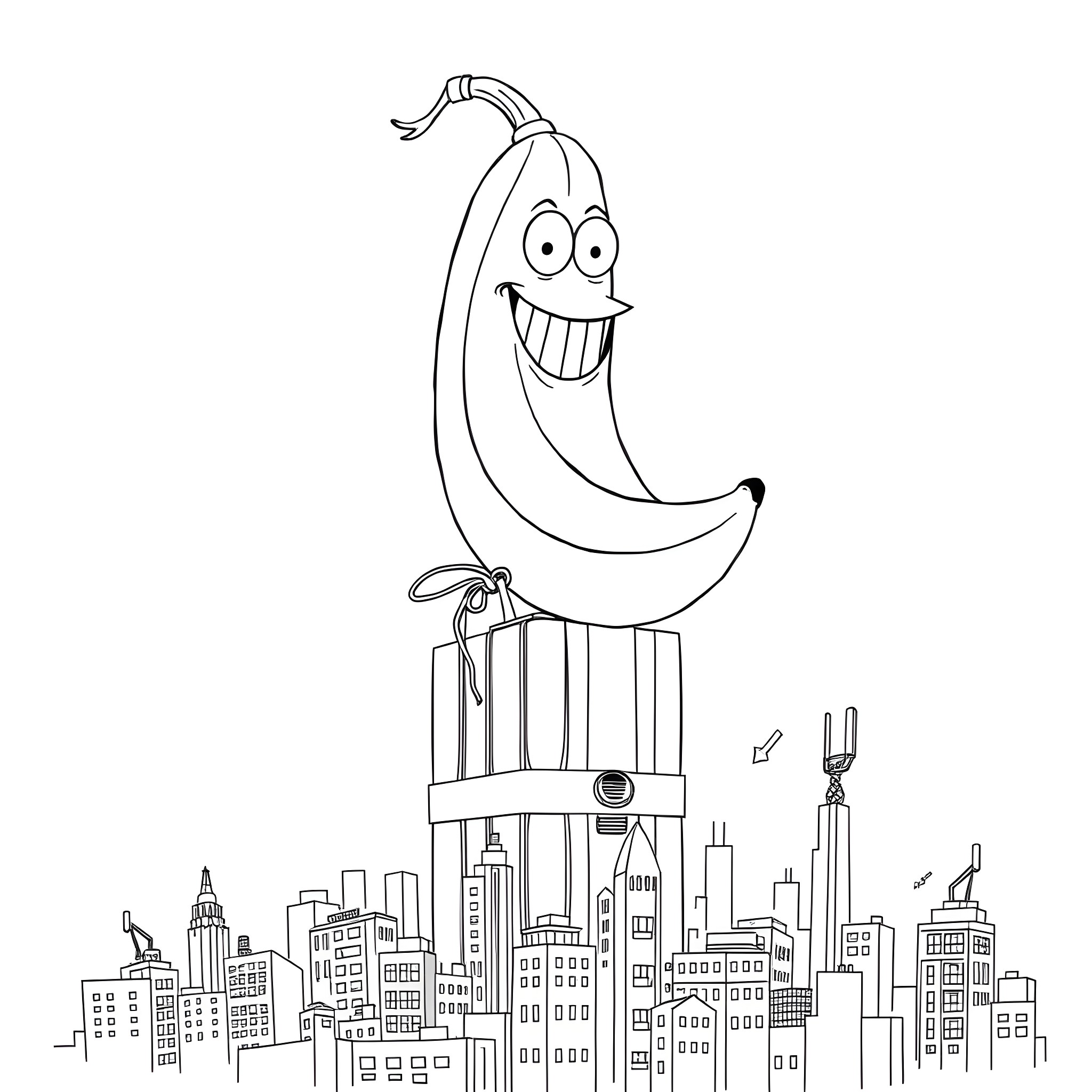 Banana Smiling Joyfully in the Big City Coloring Page (free black-and-white line drawing printable PDF for all, from beginners to advanced learners, including children, teens, adults, and seniors)