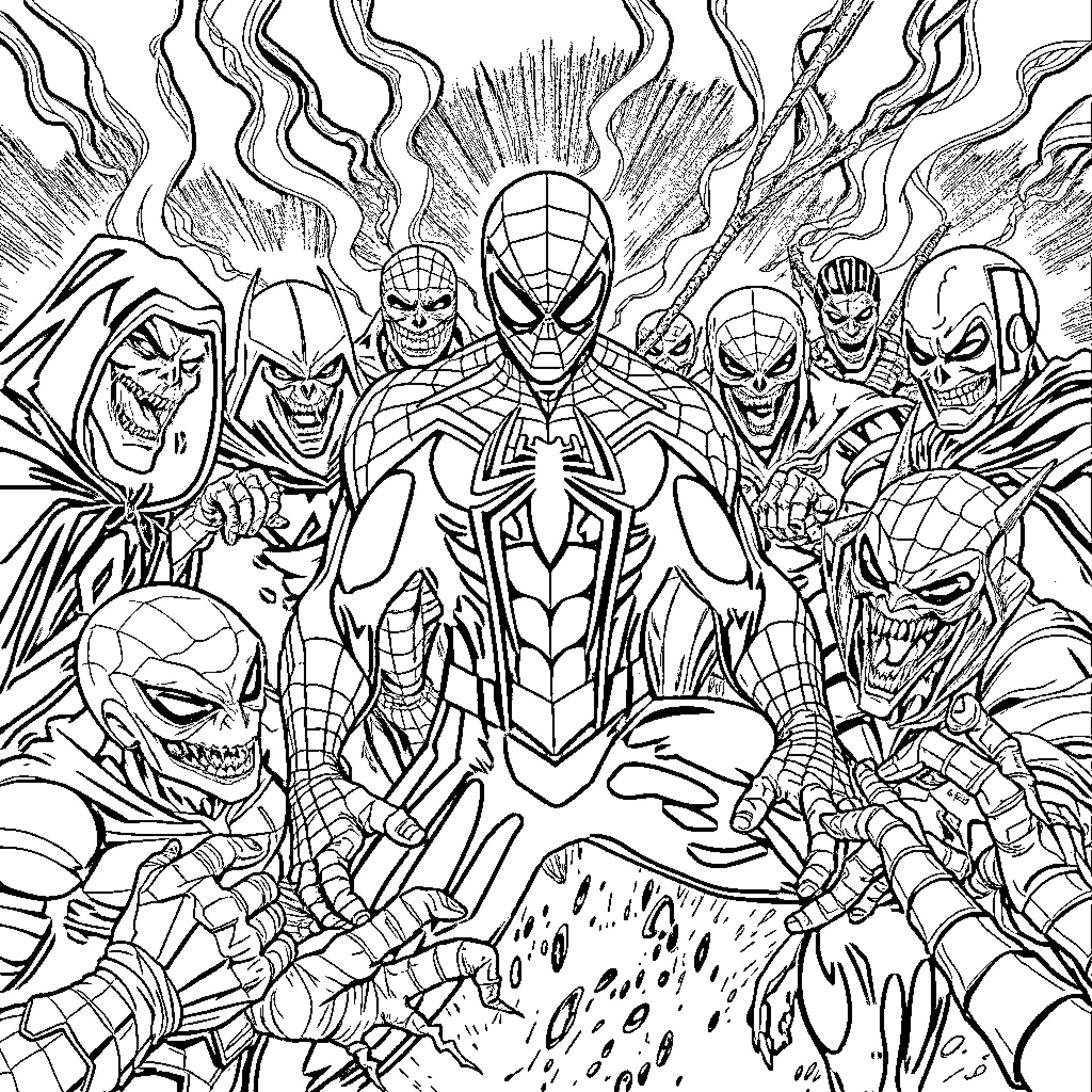 Spiderman facing off against his formidable foes Coloring Page (free black-and-white line drawing printable PDF for all, from beginners to advanced learners, including children, teens, adults, and seniors)