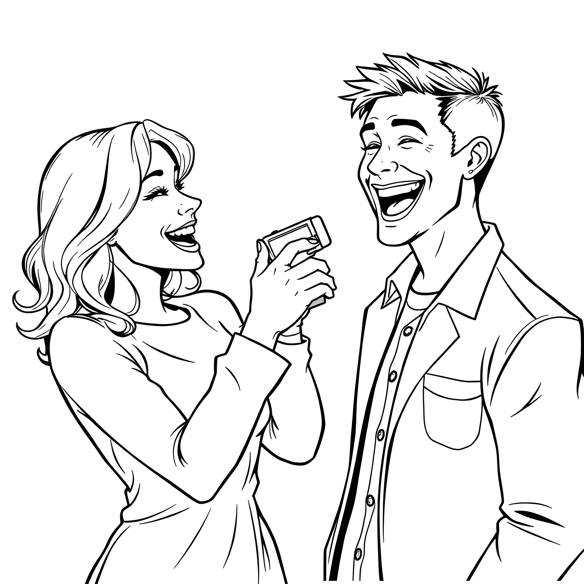 Woman and man happily sharing a moment together Coloring Page (free black-and-white line drawing printable PDF for all, from beginners to advanced learners, including children, teens, adults, and seniors)