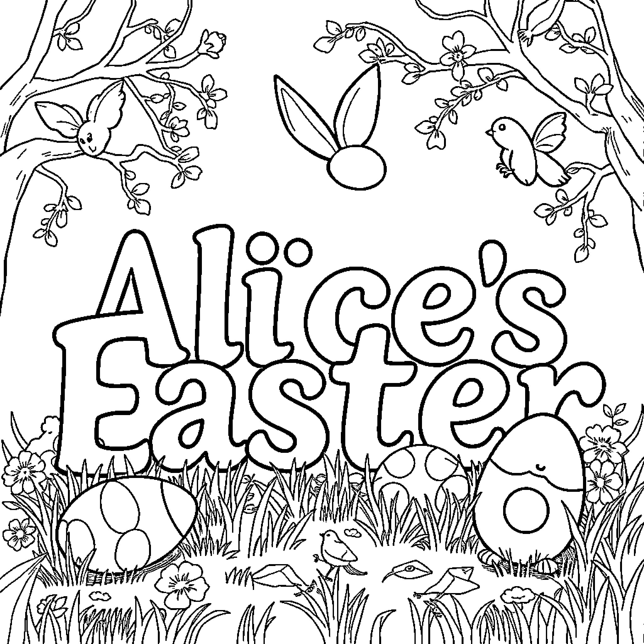 Easter celebration in the nature Coloring Page (free black-and-white line drawing printable PDF for all, from beginners to advanced learners, including children, teens, adults, and seniors)