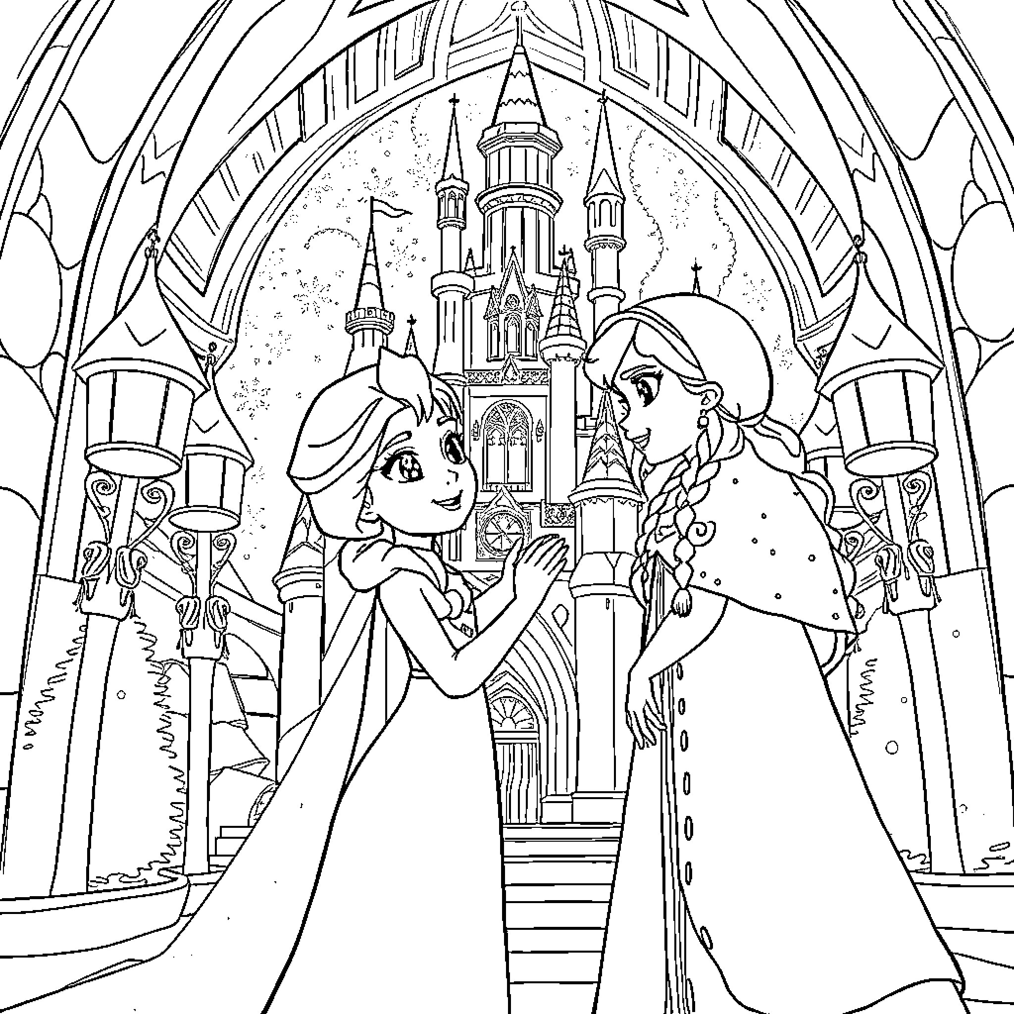 Elsa and Anna's Enchanting Castle Adventure Coloring Page (free black-and-white line drawing printable PDF for all, from beginners to advanced learners, including children, teens, adults, and seniors)