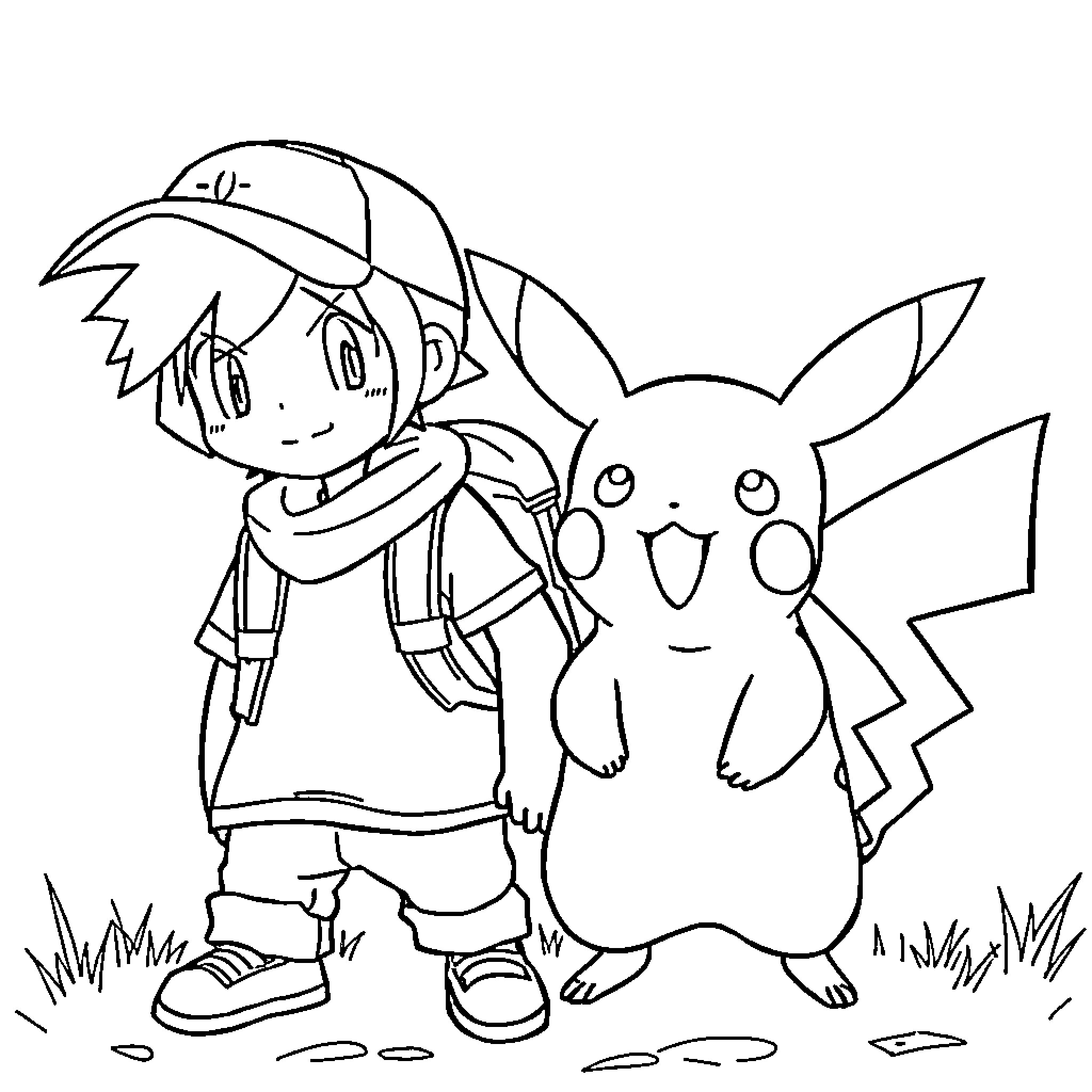 Pikachu and Trainer Enjoying the Outdoors Coloring Page (free black-and-white line drawing printable PDF for all, from beginners to advanced learners, including children, teens, adults, and seniors)