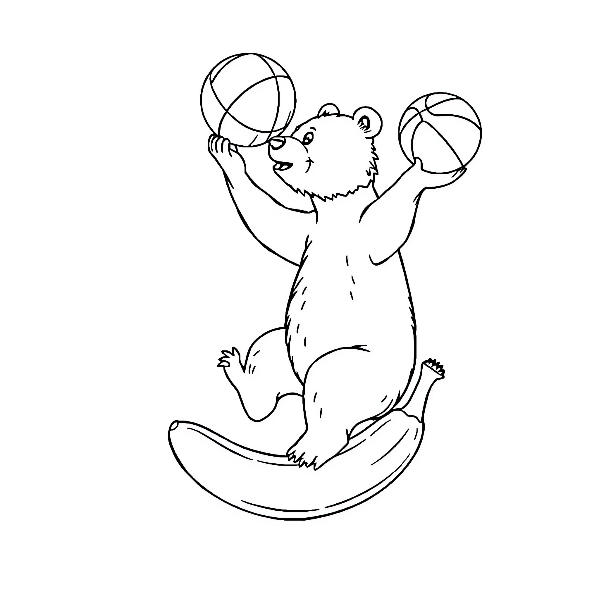 Bear playing joyfully with basketballs Coloring Page (free black-and-white line drawing printable PDF for all, from beginners to advanced learners, including children, teens, adults, and seniors)