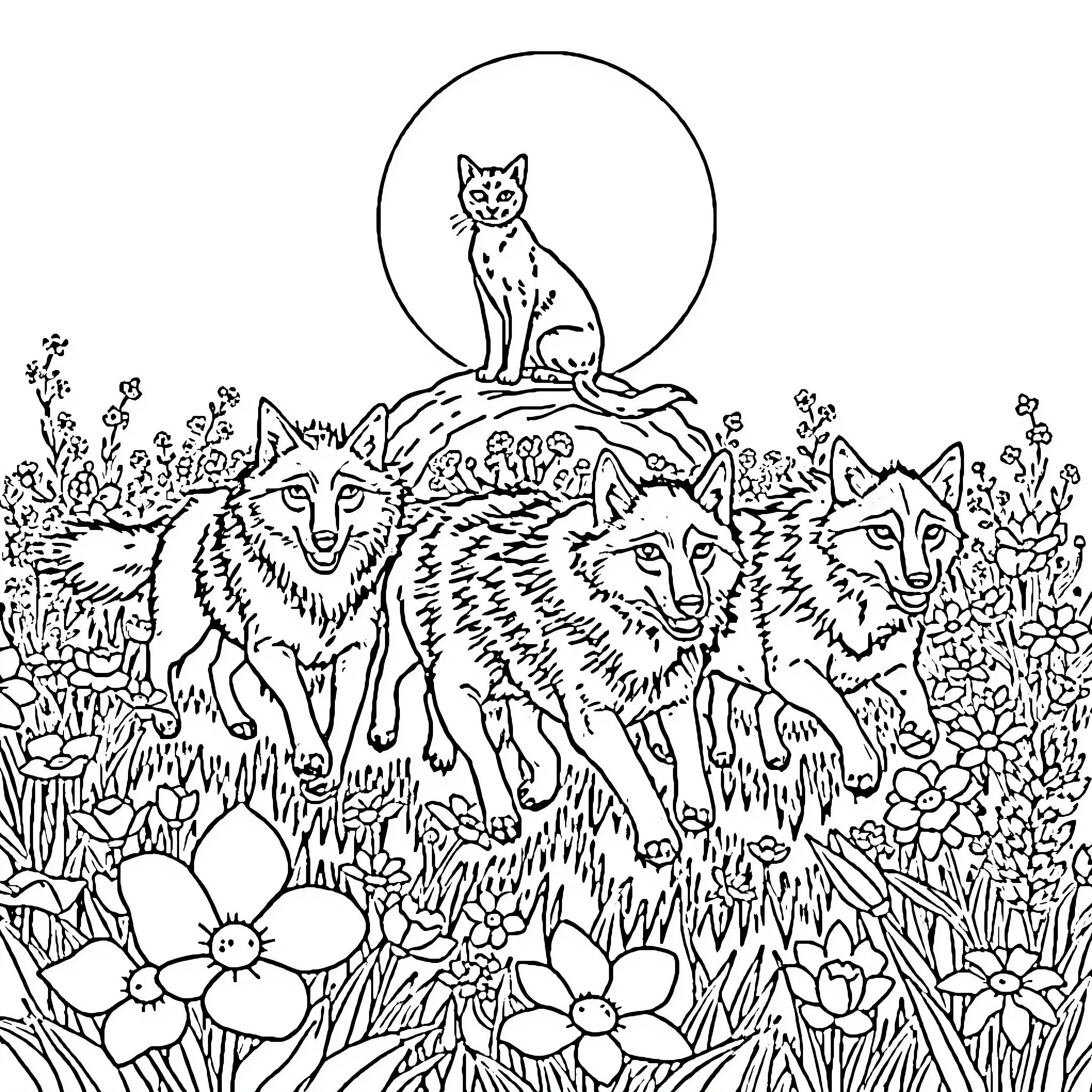 Wolf pack in a whimsical forest setting Coloring Page (free black-and-white line drawing printable PDF for all, from beginners to advanced learners, including children, teens, adults, and seniors)