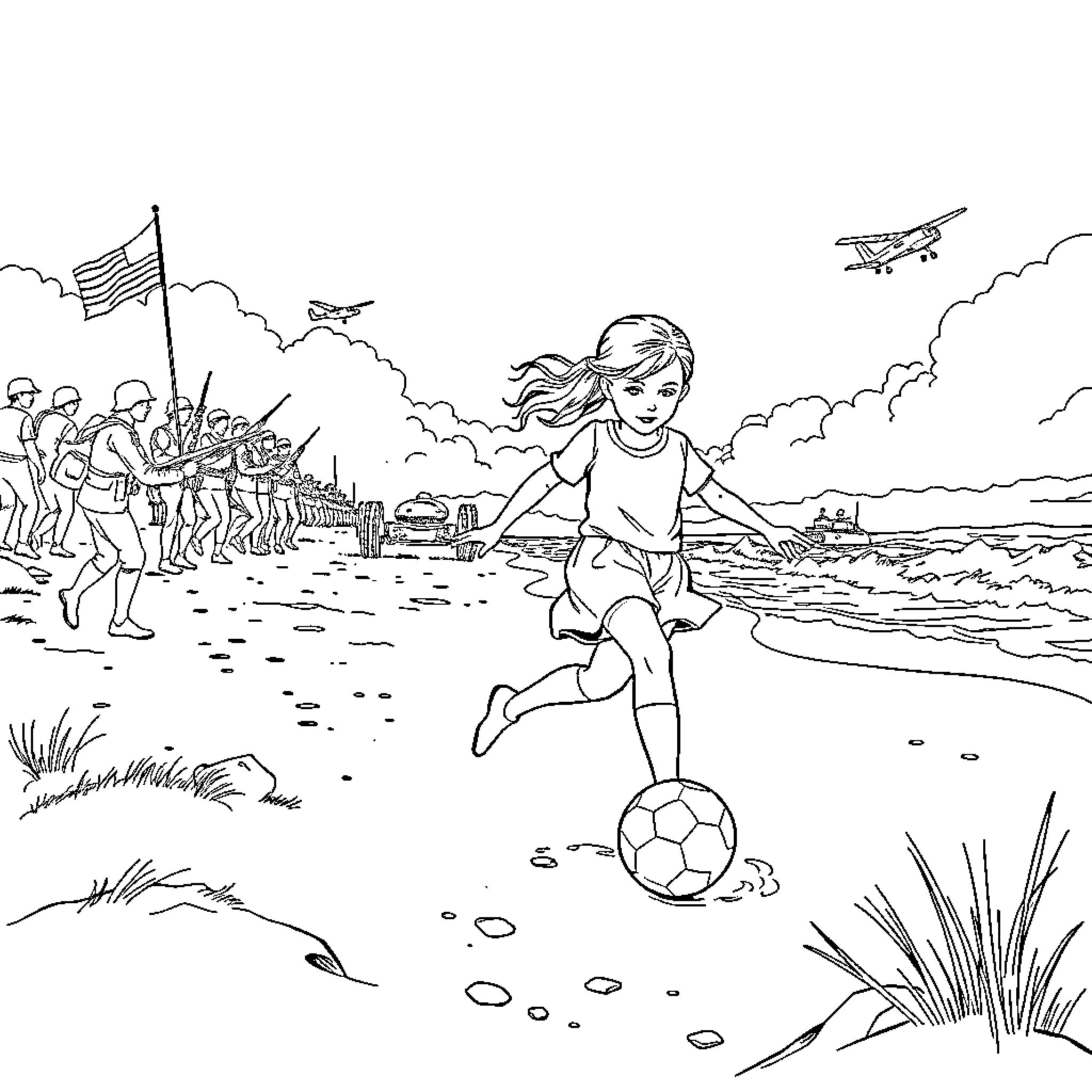 Girl playing joyfully with a soccer ball on the beach Coloring Page (free black-and-white line drawing printable PDF for all, from beginners to advanced learners, including children, teens, adults, and seniors)