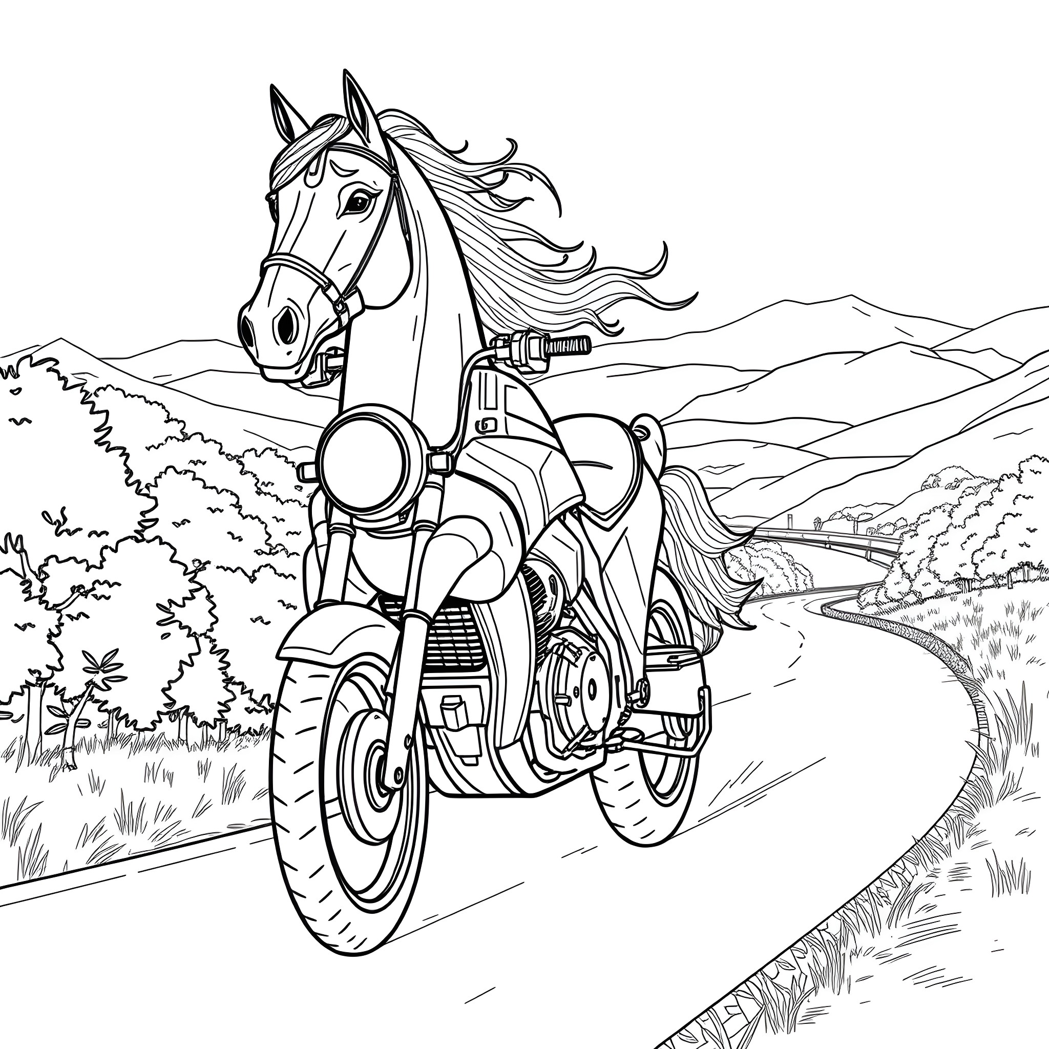 Motorbike Rider Navigating Scenic Countryside Coloring Page (free black-and-white line drawing printable PDF for all, from beginners to advanced learners, including children, teens, adults, and seniors)
