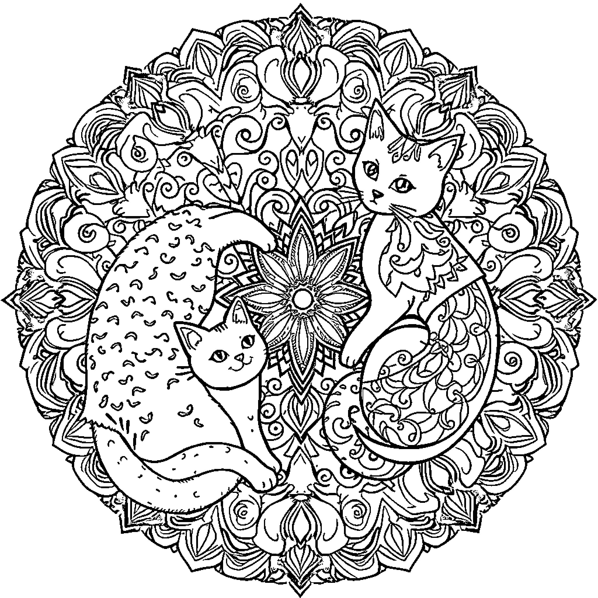 Cats in Ornate Mandala Coloring Page (free black-and-white line drawing printable PDF for all, from beginners to advanced learners, including children, teens, adults, and seniors)