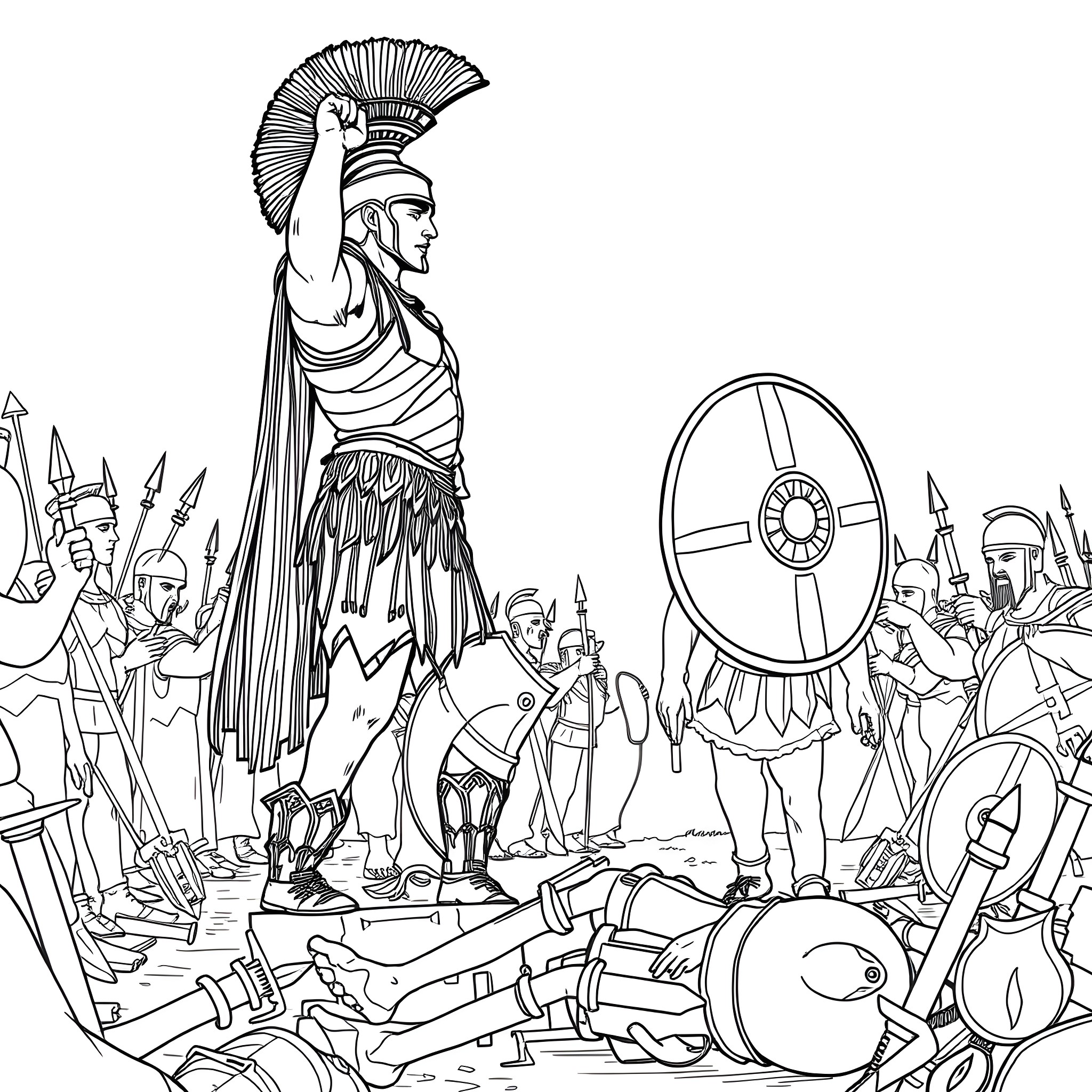 Spartan Warrior's Triumphant Stand on the Battlefield Coloring Page (free black-and-white line drawing printable PDF for all, from beginners to advanced learners, including children, teens, adults, and seniors)