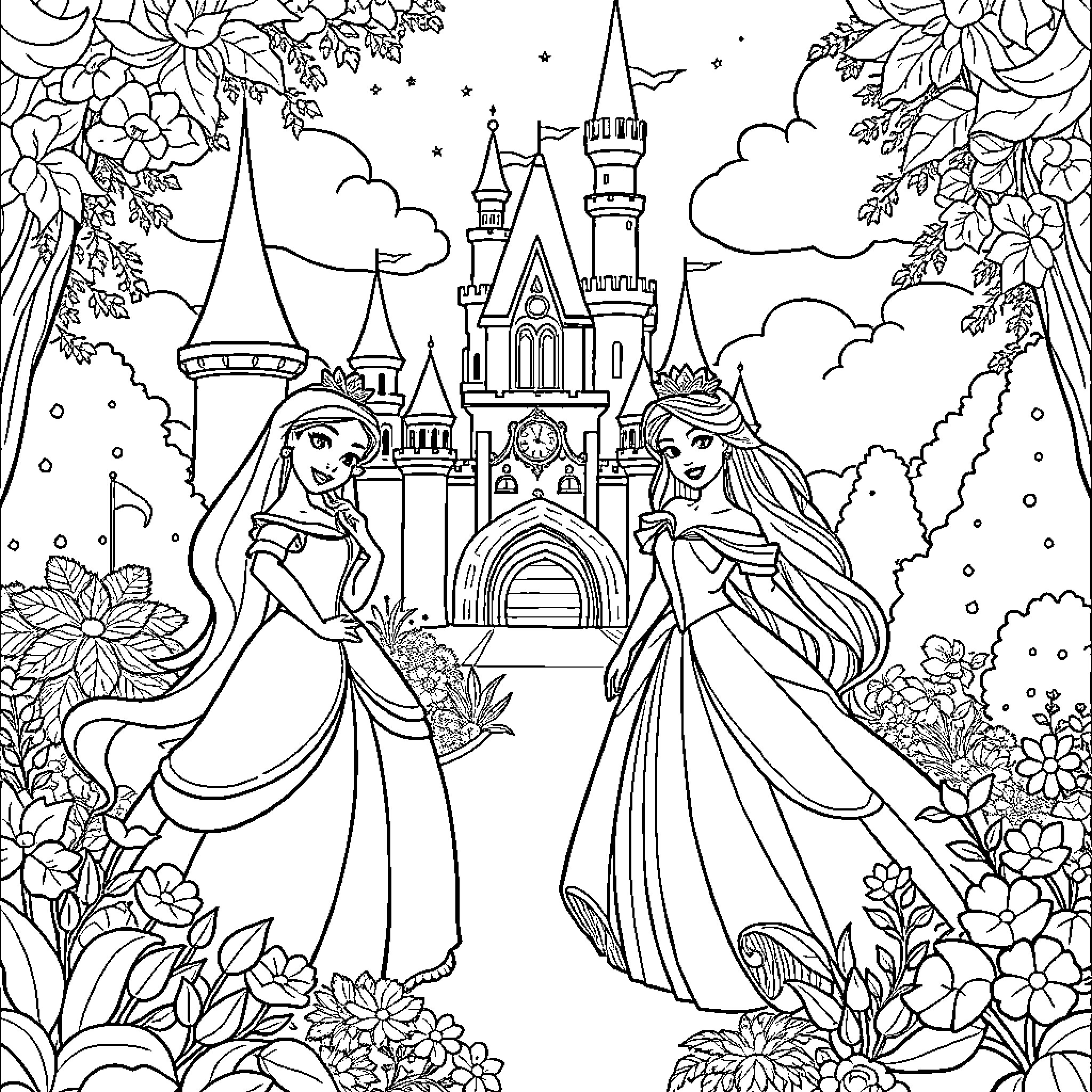 Disney Princess Enjoying Scenic Castle Garden Coloring Page (free black-and-white line drawing printable PDF for all, from beginners to advanced learners, including children, teens, adults, and seniors)