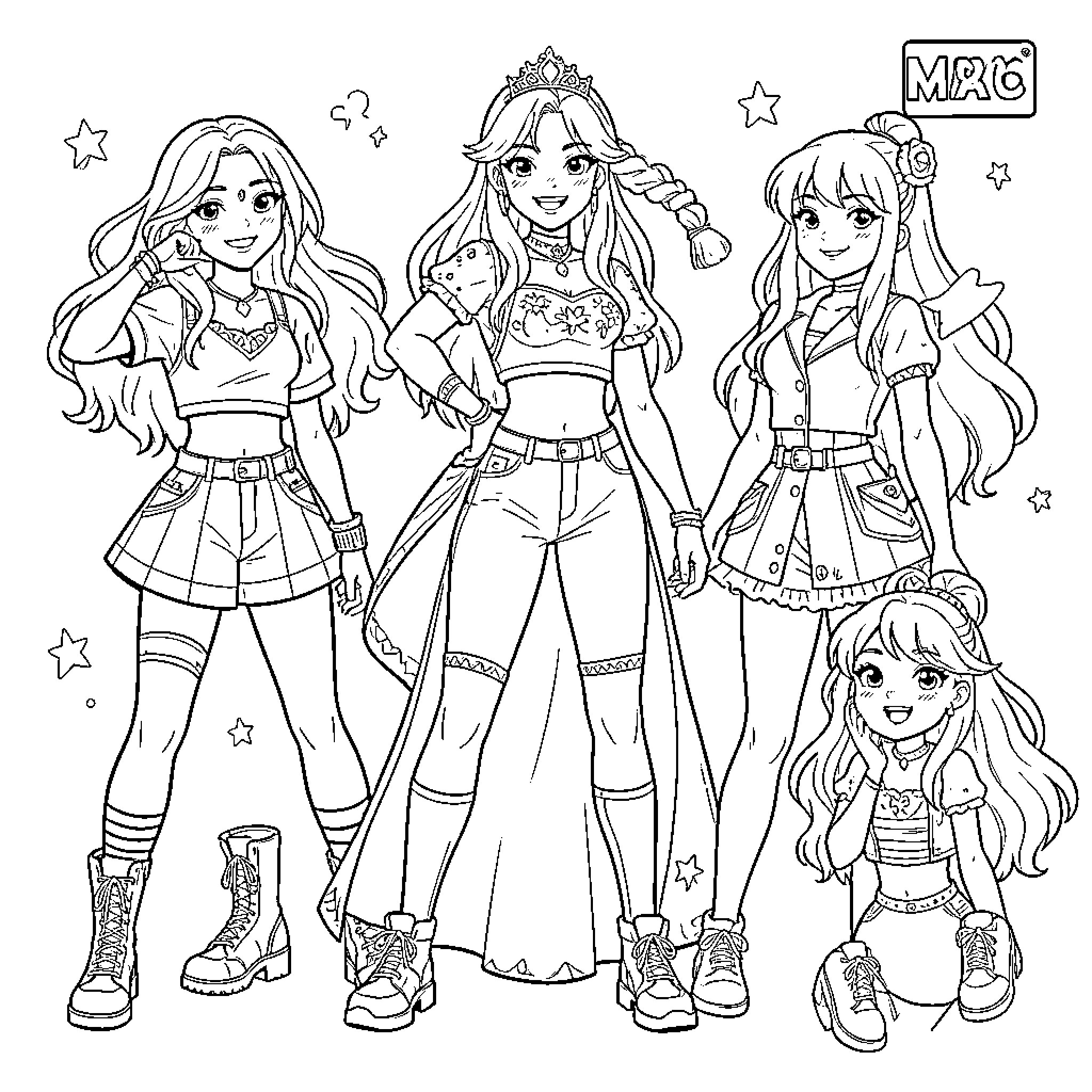 K-Pop Warriors Showcase Vibrant Outfits and Energetic Poses Coloring Page (free black-and-white line drawing printable PDF for all, from beginners to advanced learners, including children, teens, adults, and seniors)